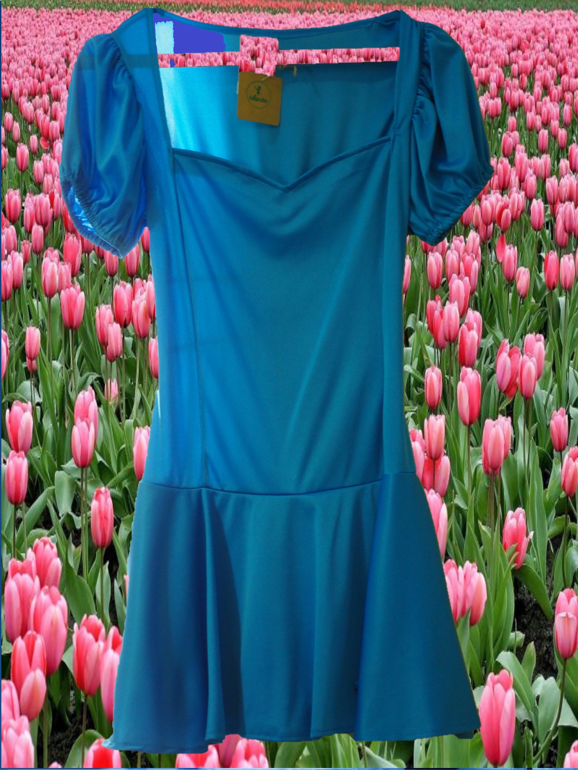 VESTIDO CORTO MANGA CORTA ELASTICO AZUL CON PUNTILLA EN EL BAJO