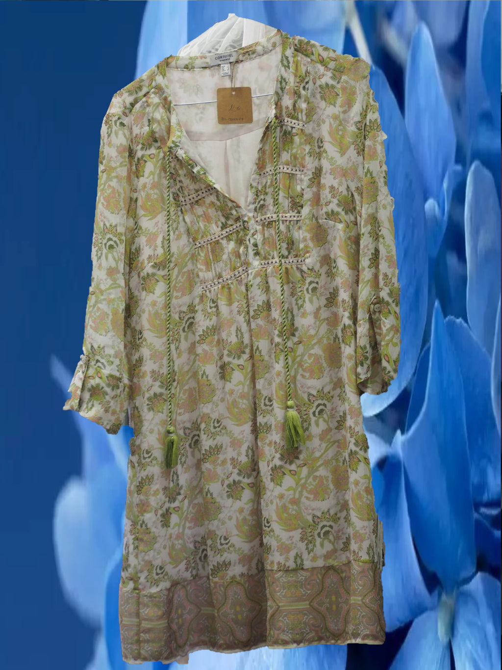 VESTIDO  CORTO MANGA FRANCESA FLORES VERDES
