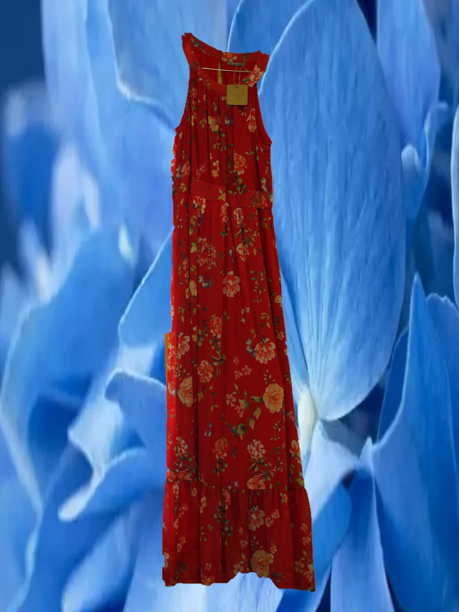 VESTIDO ROJO CON FLORES SIN MANGA VUELO CUELLO CERRADO