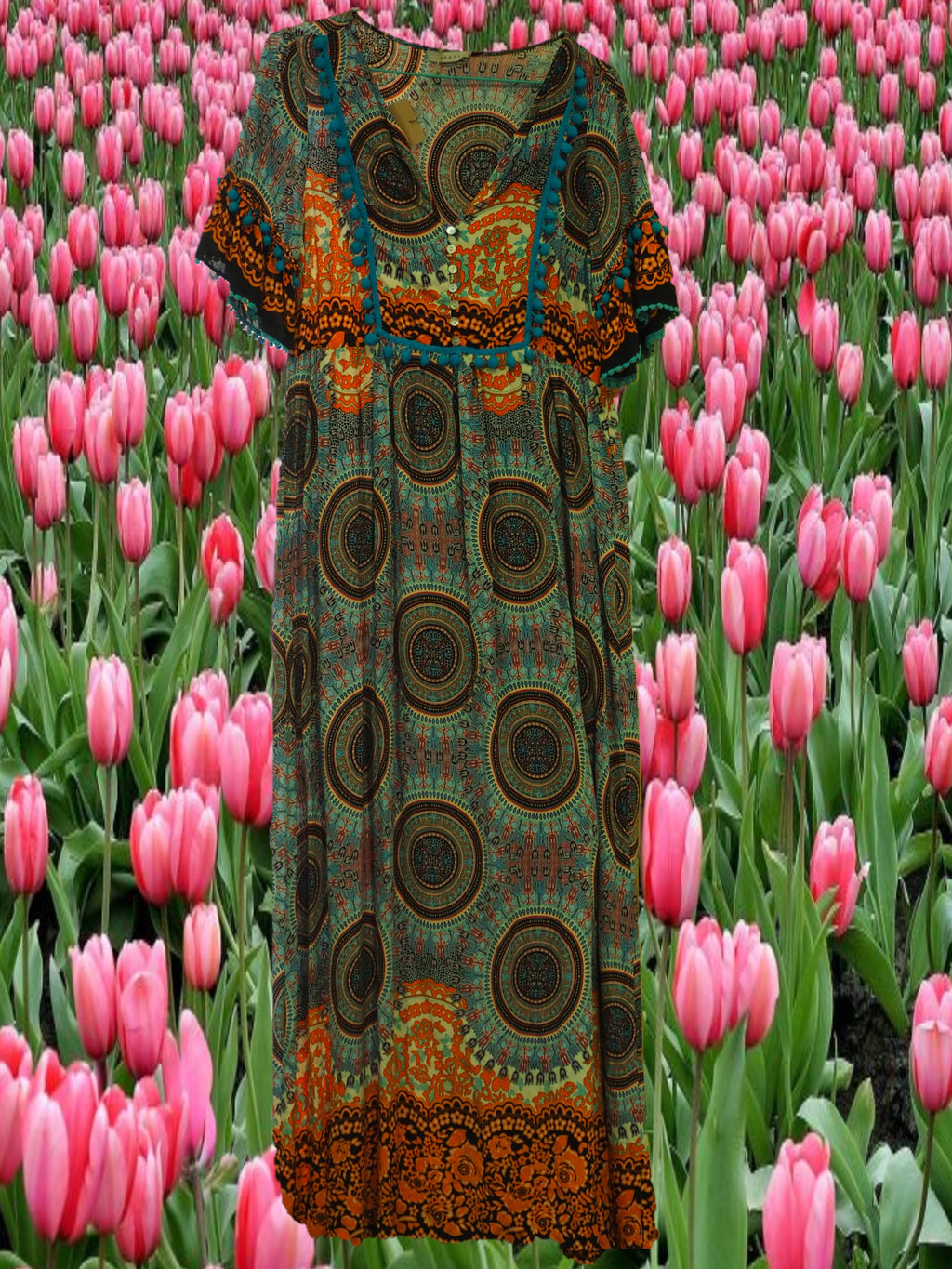 VESTIDO DE COLORES MANGA FRANCESA DE VUELO