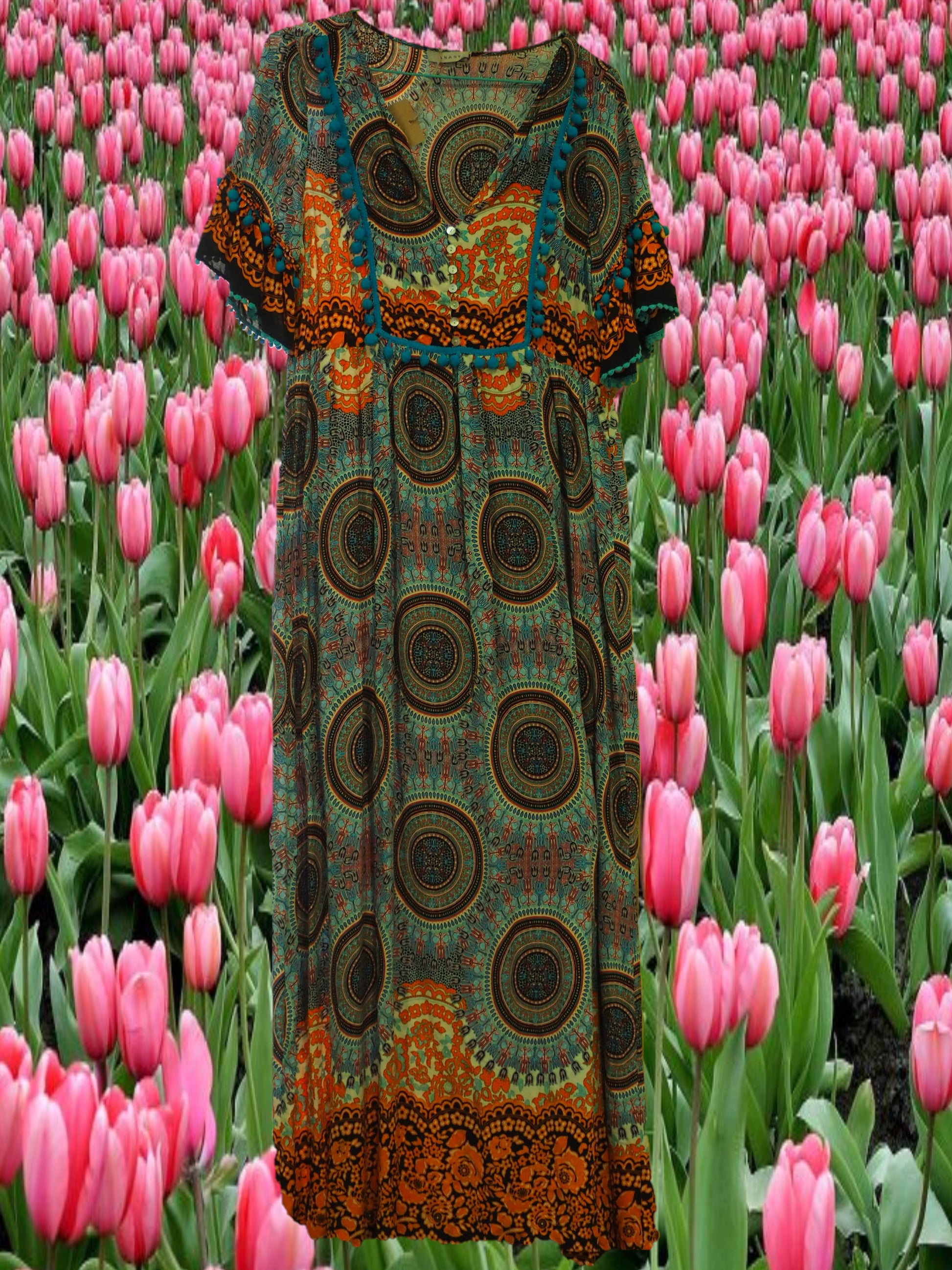 VESTIDO DE COLORES MANGA FRANCESA DE VUELO