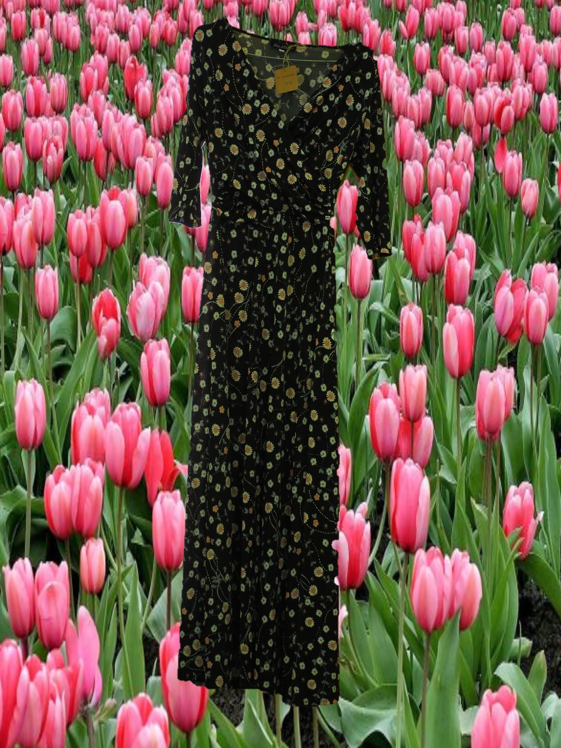 VESTIDO MANGA LARGA NEGRO CON DISEÑO FLORAL