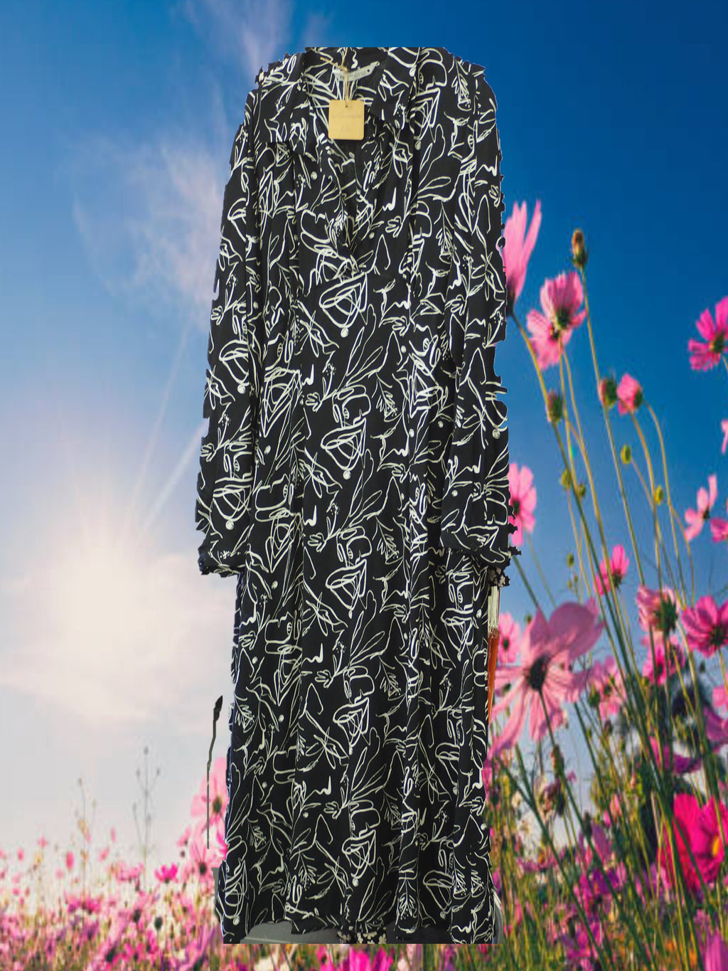 VESTIDO LARGO NEGRO CON MANGA LARGA Y ESTAMPADO