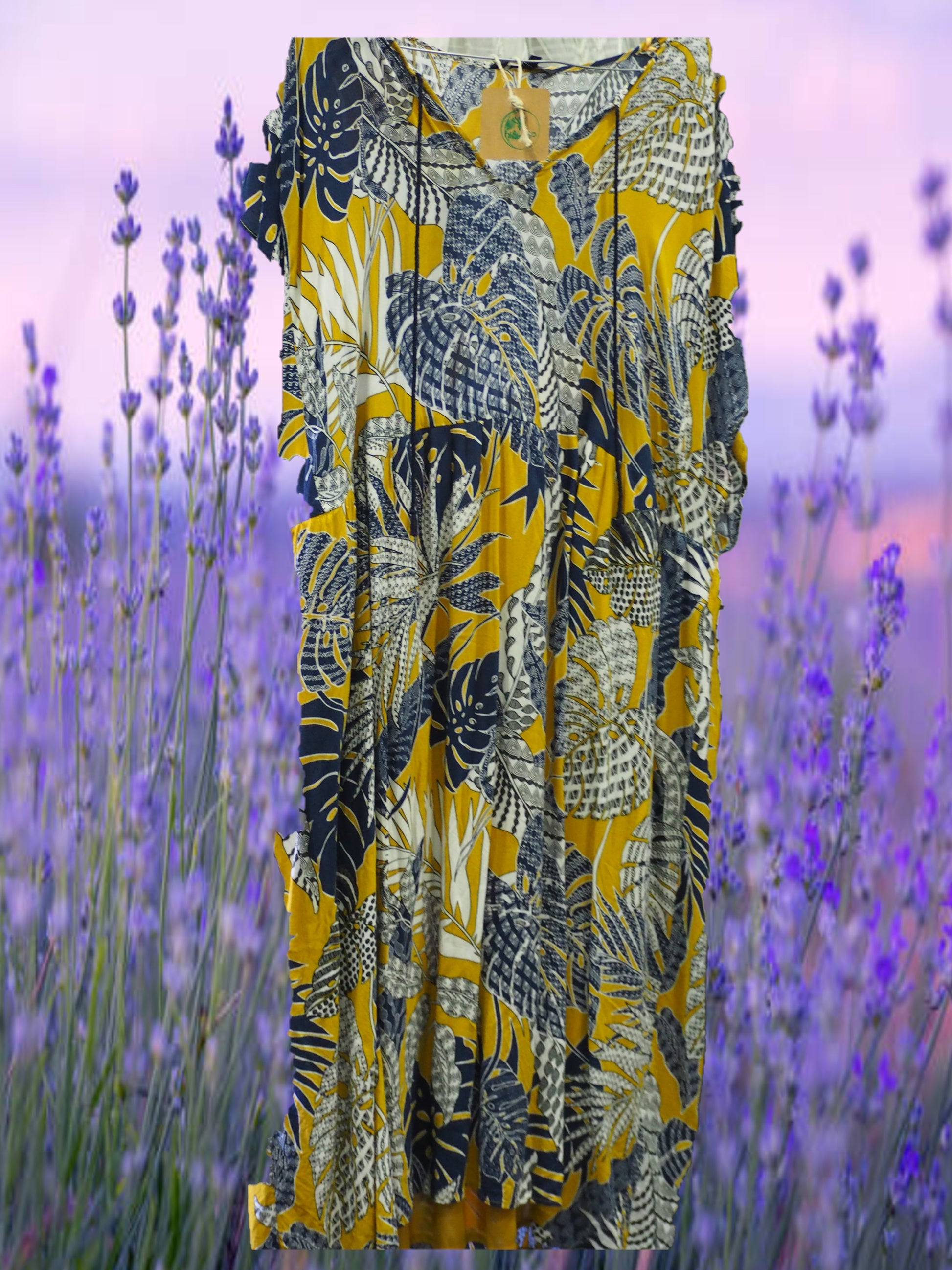 VESTIDO MANGA CORTA OCRE CON ESTAMPADO