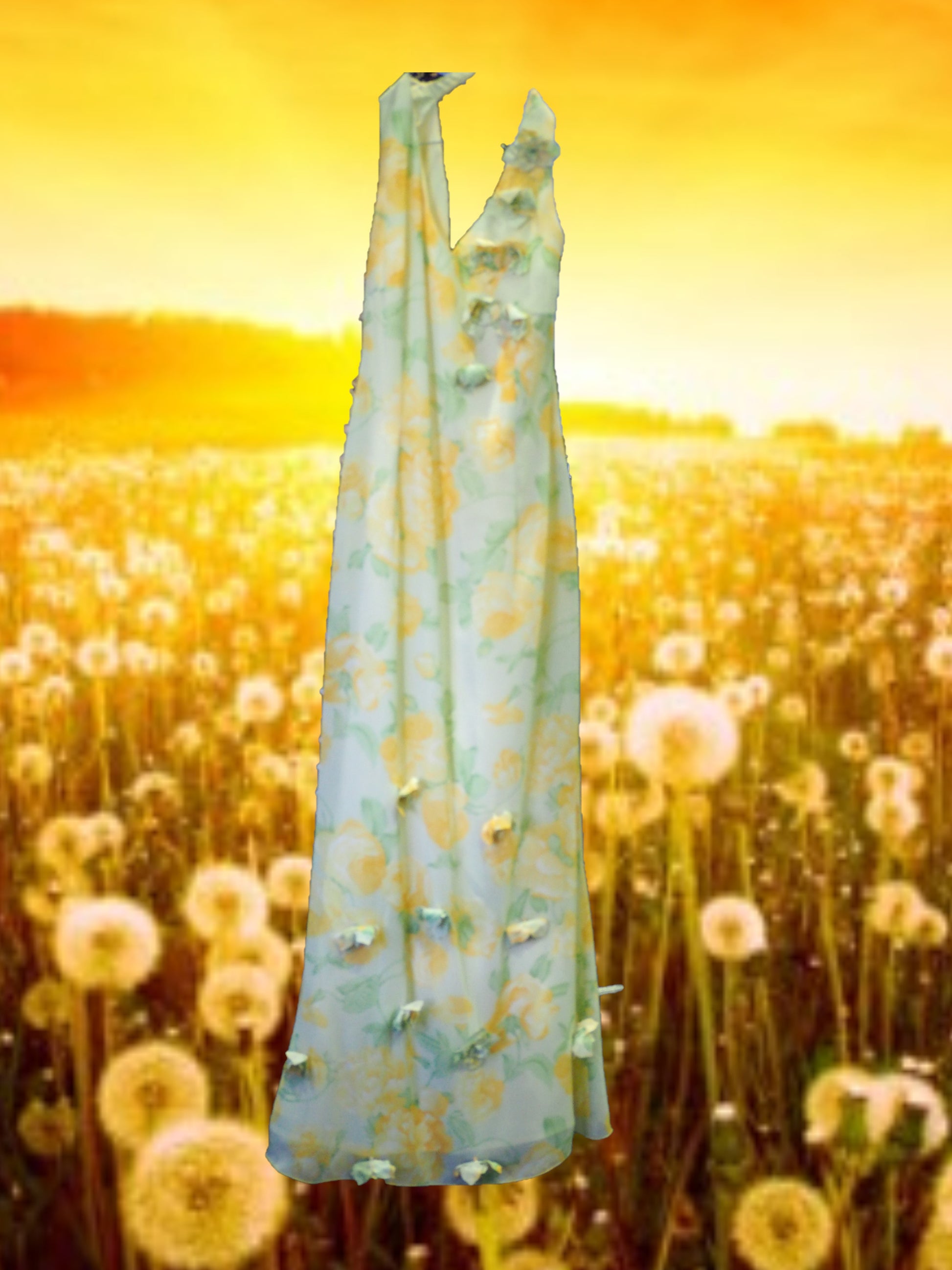 VESTIDO LARGO FIESTA VAPOROSO AMARILLO Y ESTAMPADO FLORAL