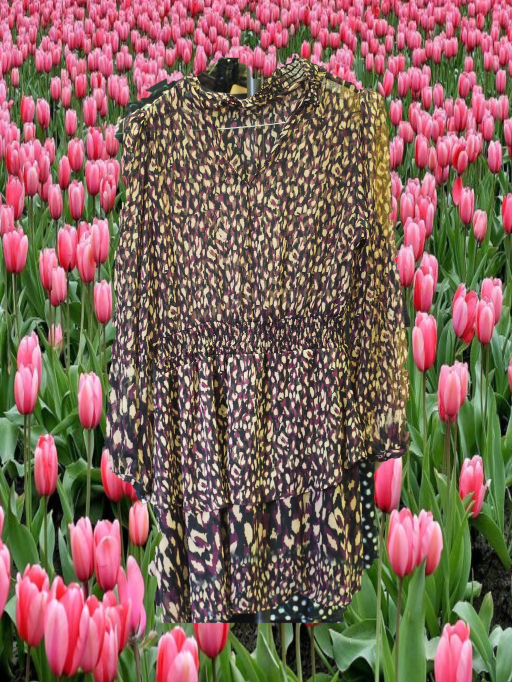 VESTIDO MIDI MARRON VAPOROSO MANGA LARGA CON ESTAMPADO PRINT