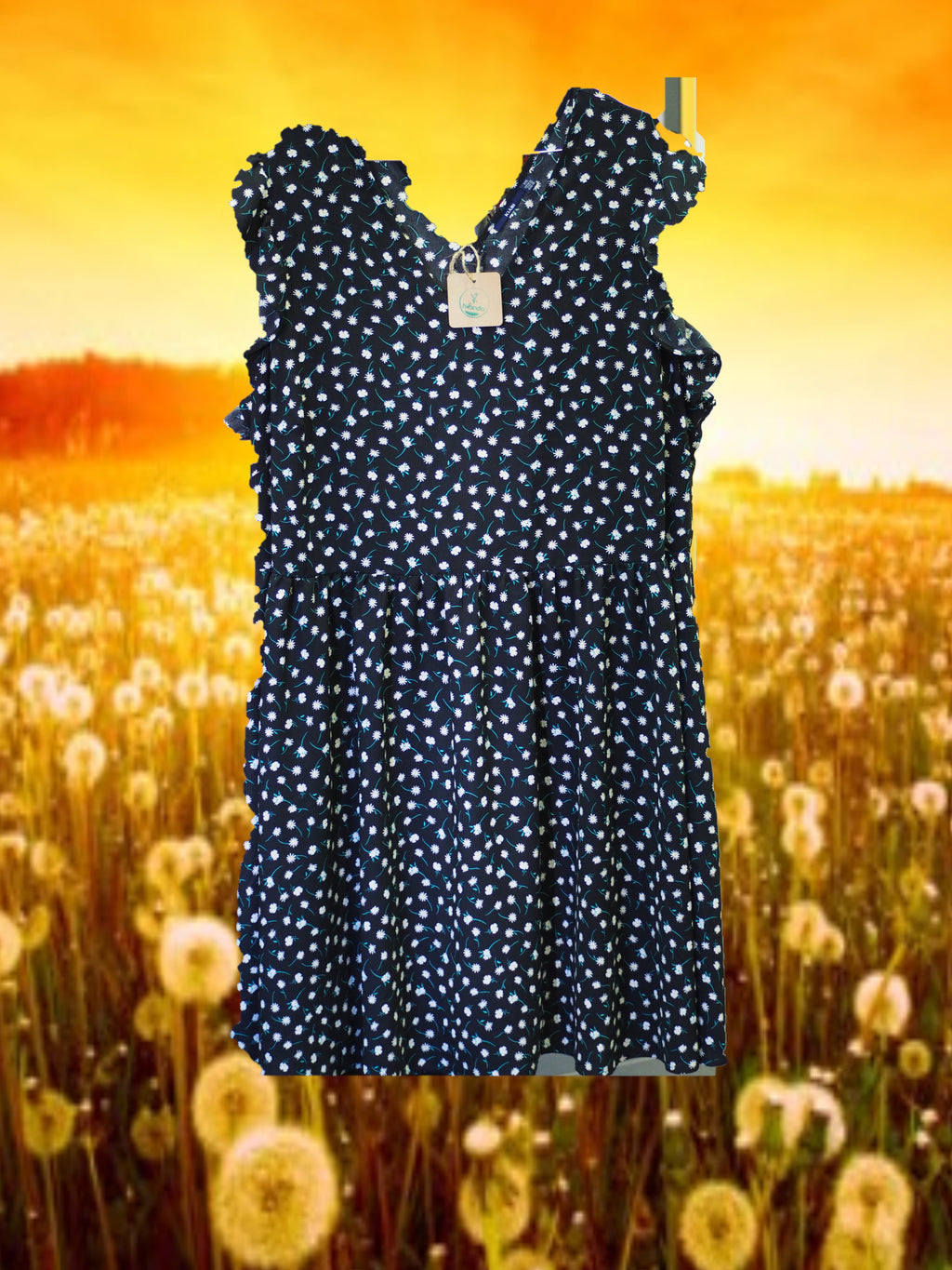 VESTIDO NEGRO MANGA CORTA CON ESTAMPADO FLORAL Y ABERTURA EN ESPALDA
