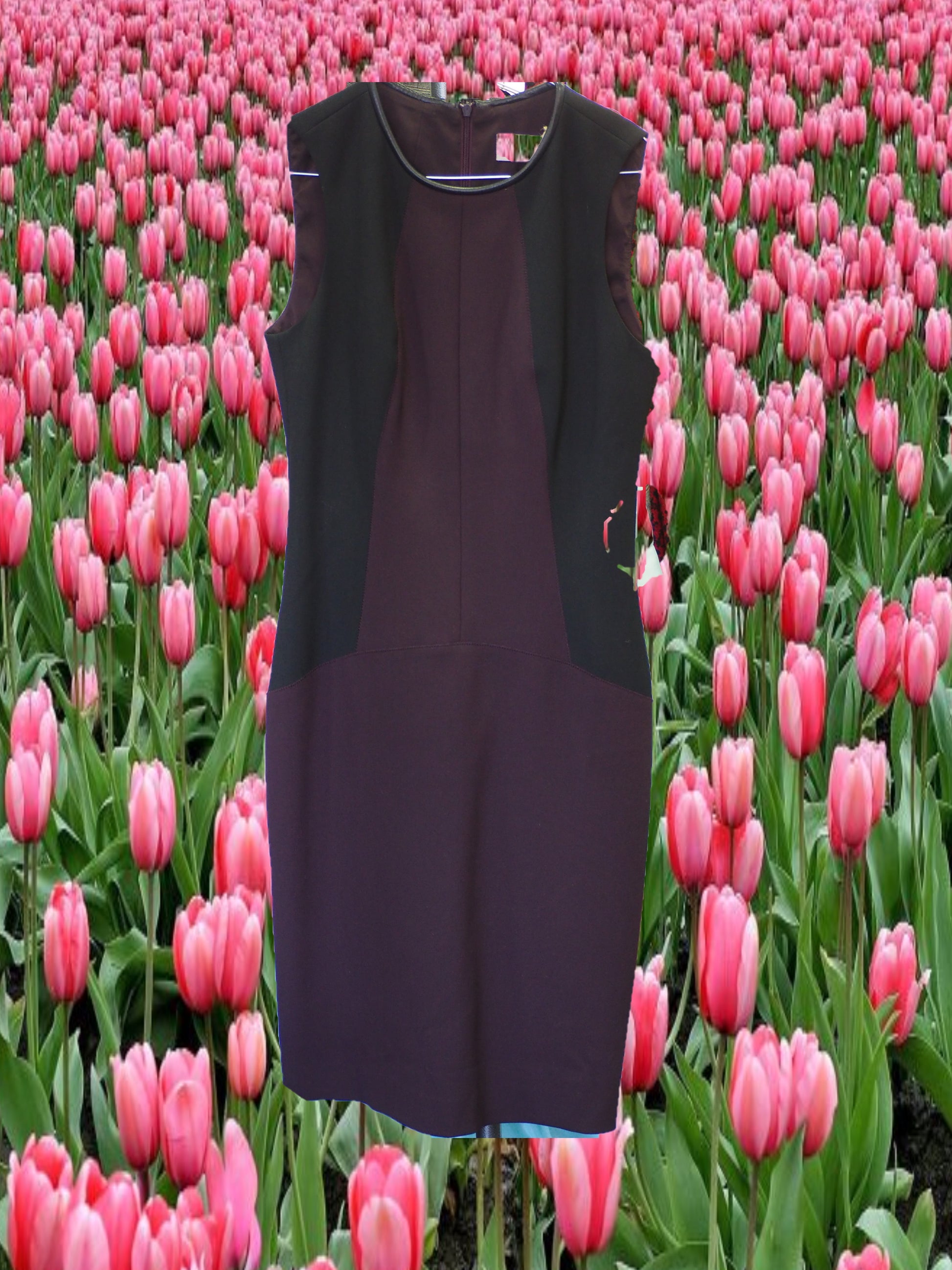 VESTIDO MIDI SIN MANGAS NEGRO Y MORADO