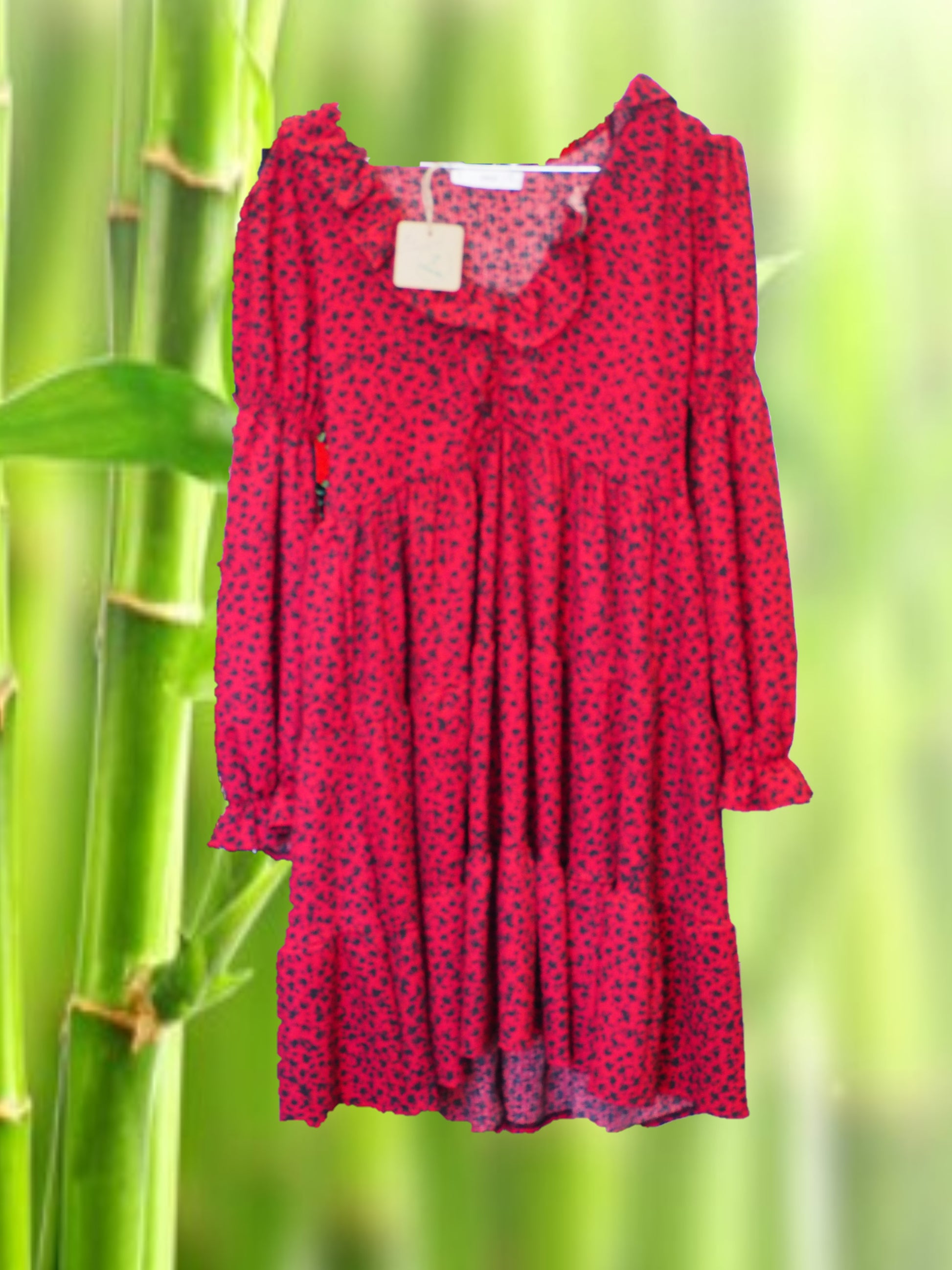 VESTIDO MIDI ROJO MANGA LARGO CON ESTAMPADO