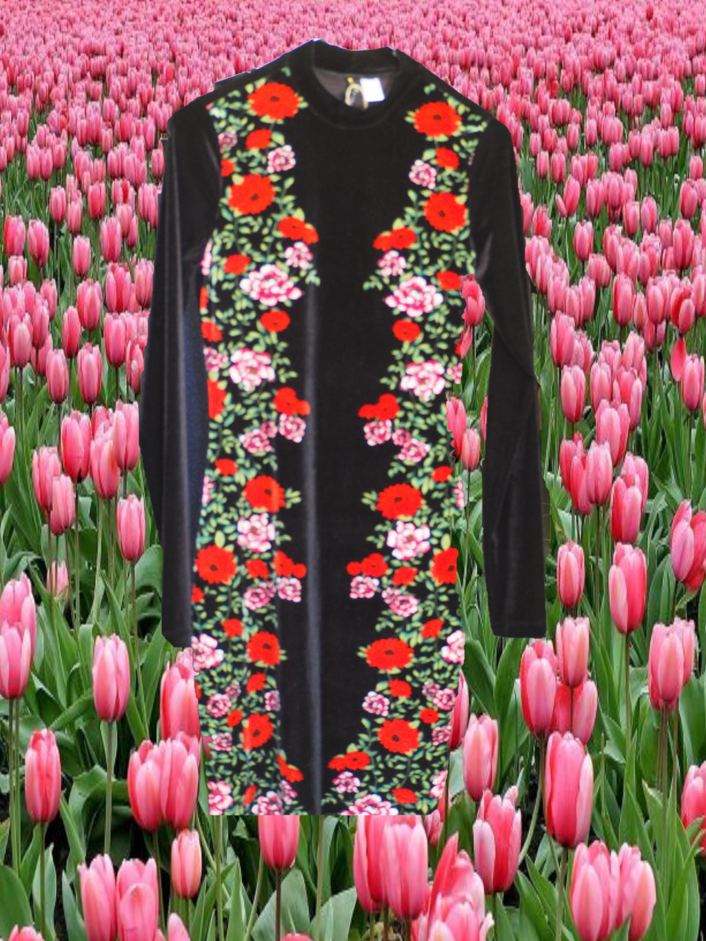 VESTIDO MIDI NEGRO MANGA LARGA EN TERCIOPELO Y ESTAMPADO BORDADO