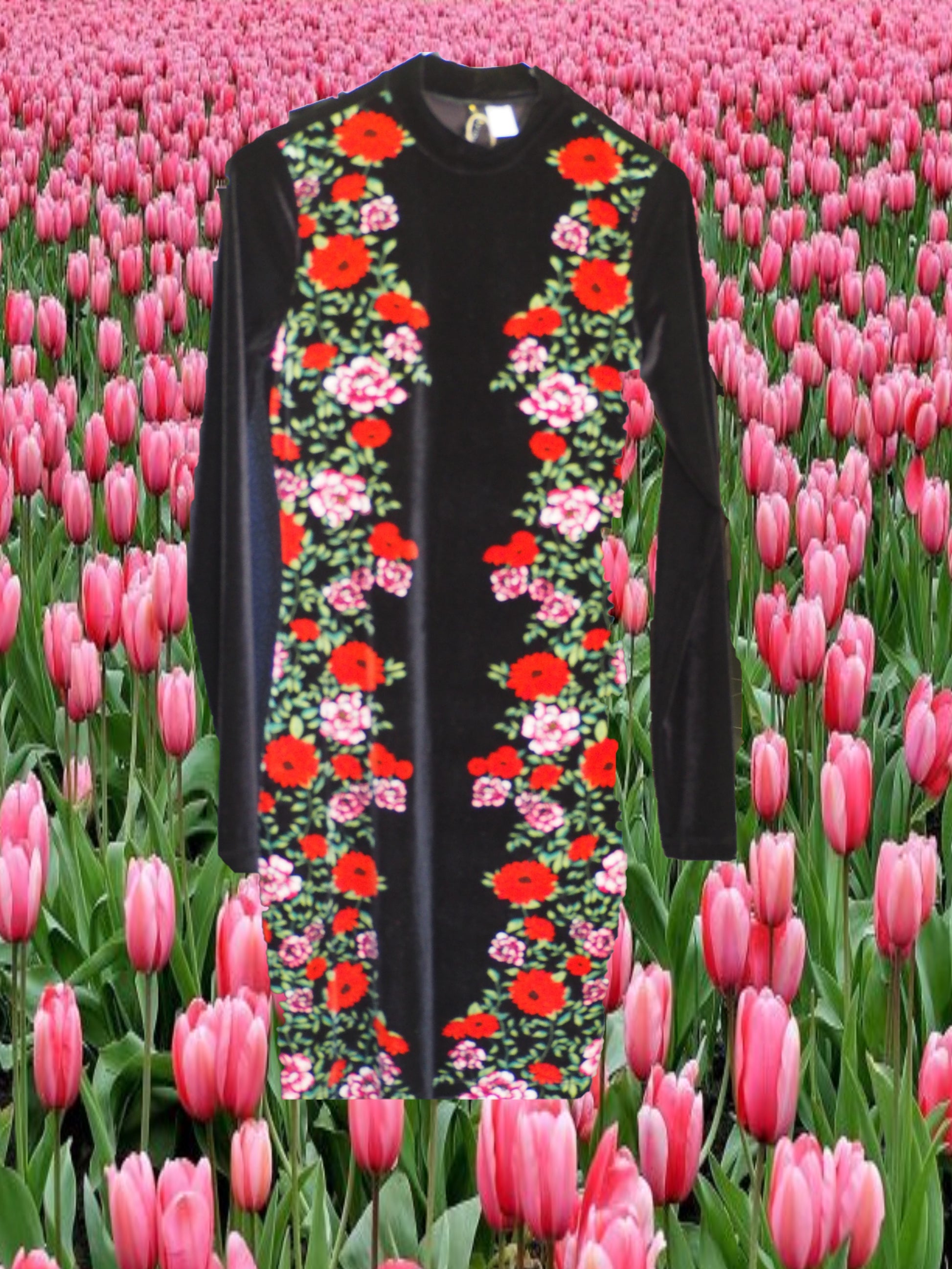 VESTIDO MIDI NEGRO MANGA LARGA EN TERCIOPELO Y ESTAMPADO BORDADO