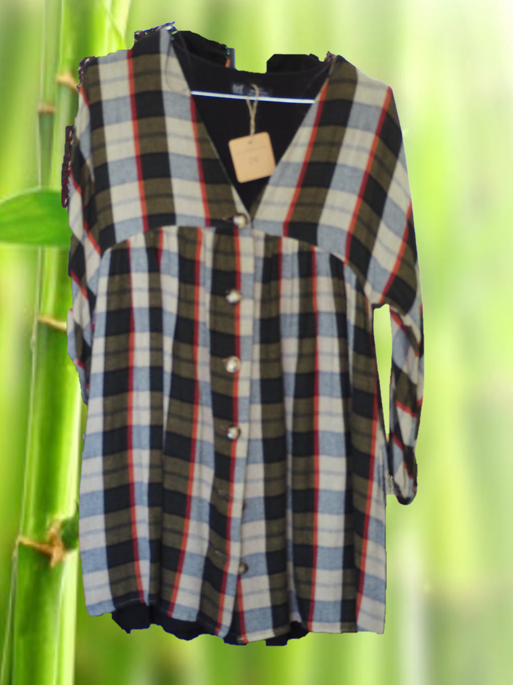 VESTIDO MIDI CON MANGA FRANCESA MARRON Y ESTAMPADO A CUADROS