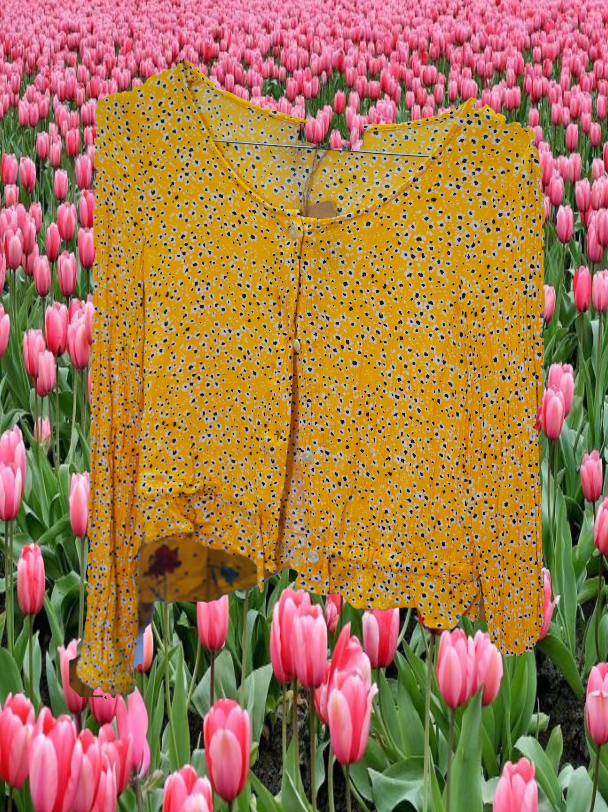 CAMISA SEÑORA MANGA LARGA AMARILLA CON ESTAMPADO Y BOTONES