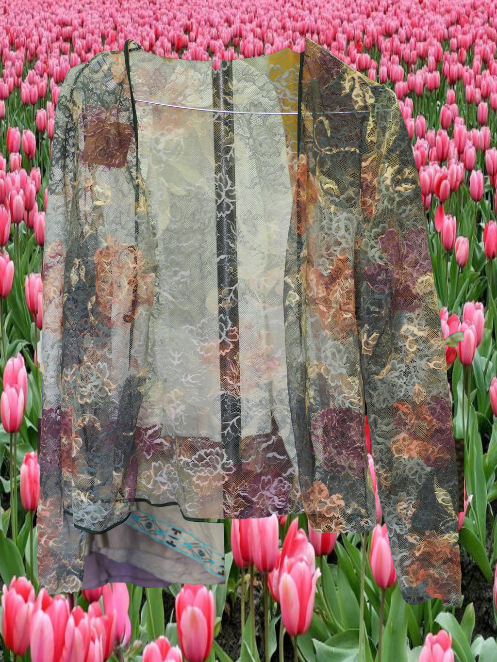 CHAQUETA SEÑORA MANGA LARGA VERDE CON ENCAJE Y ESTAMPADO