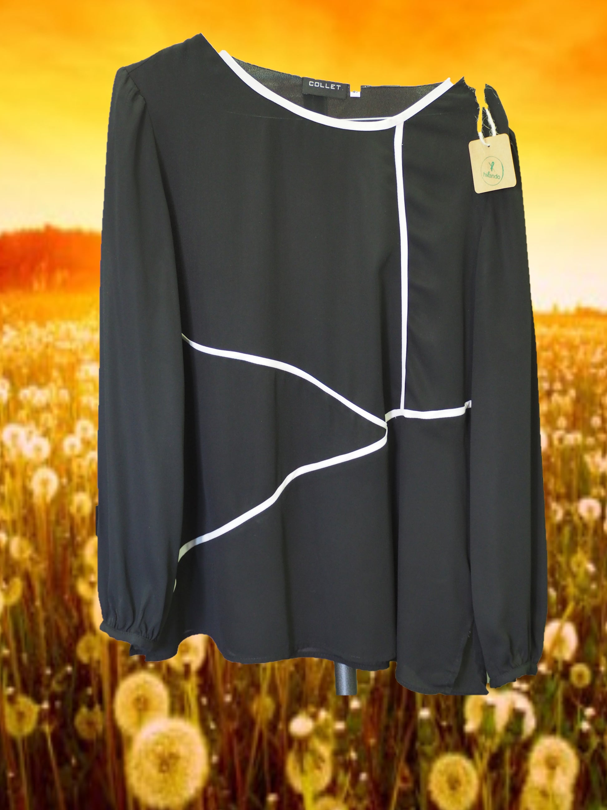 CAMISA SEÑORA MANGA LARGA NEGRA CON DETALLES BLANCOS