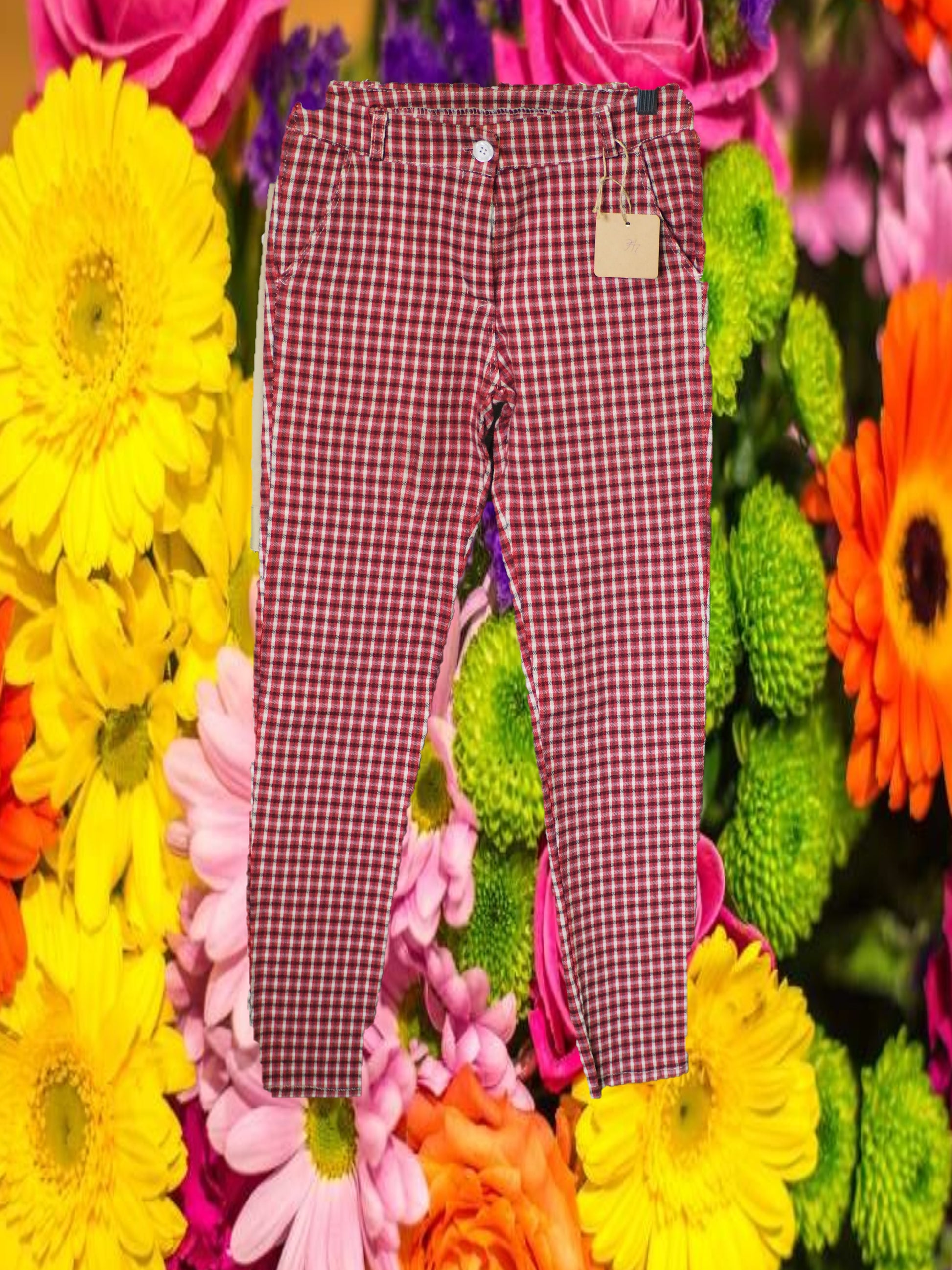 PANTALÓN MUJER DE VESTIR ROJO CON CUADROS