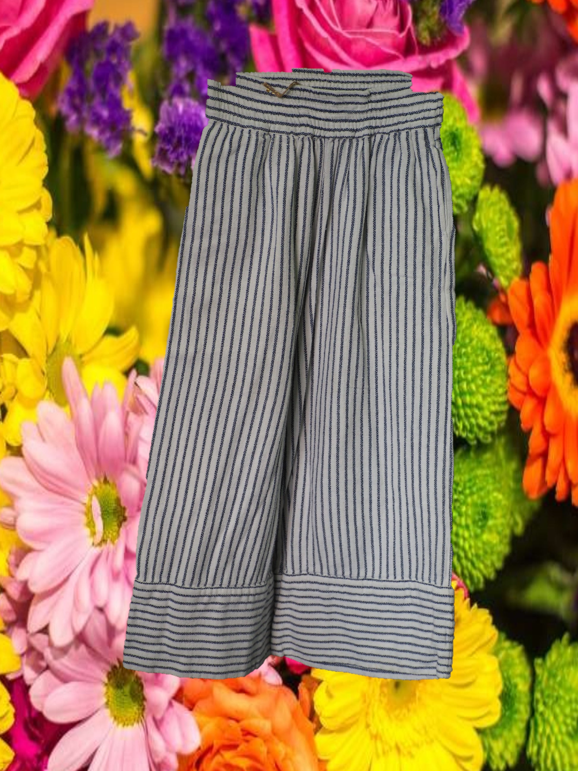 PANTALÓN MUJER ANCHO DE ALGODÓN BLANCO Y AZUL