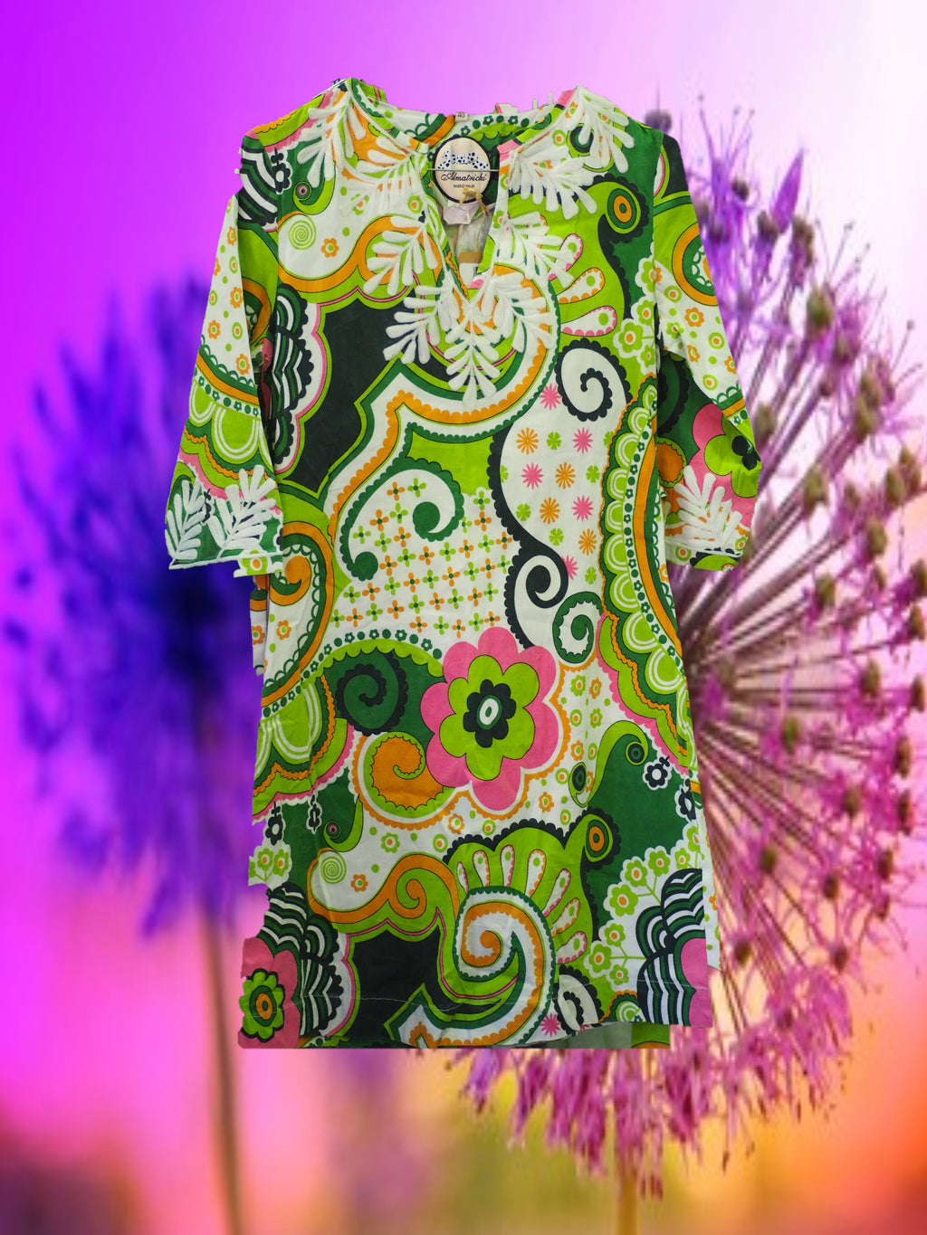 VESTIDO CORTO BLANCO CON ESTAMPADO FLORAL CON MANGA FRANCESA