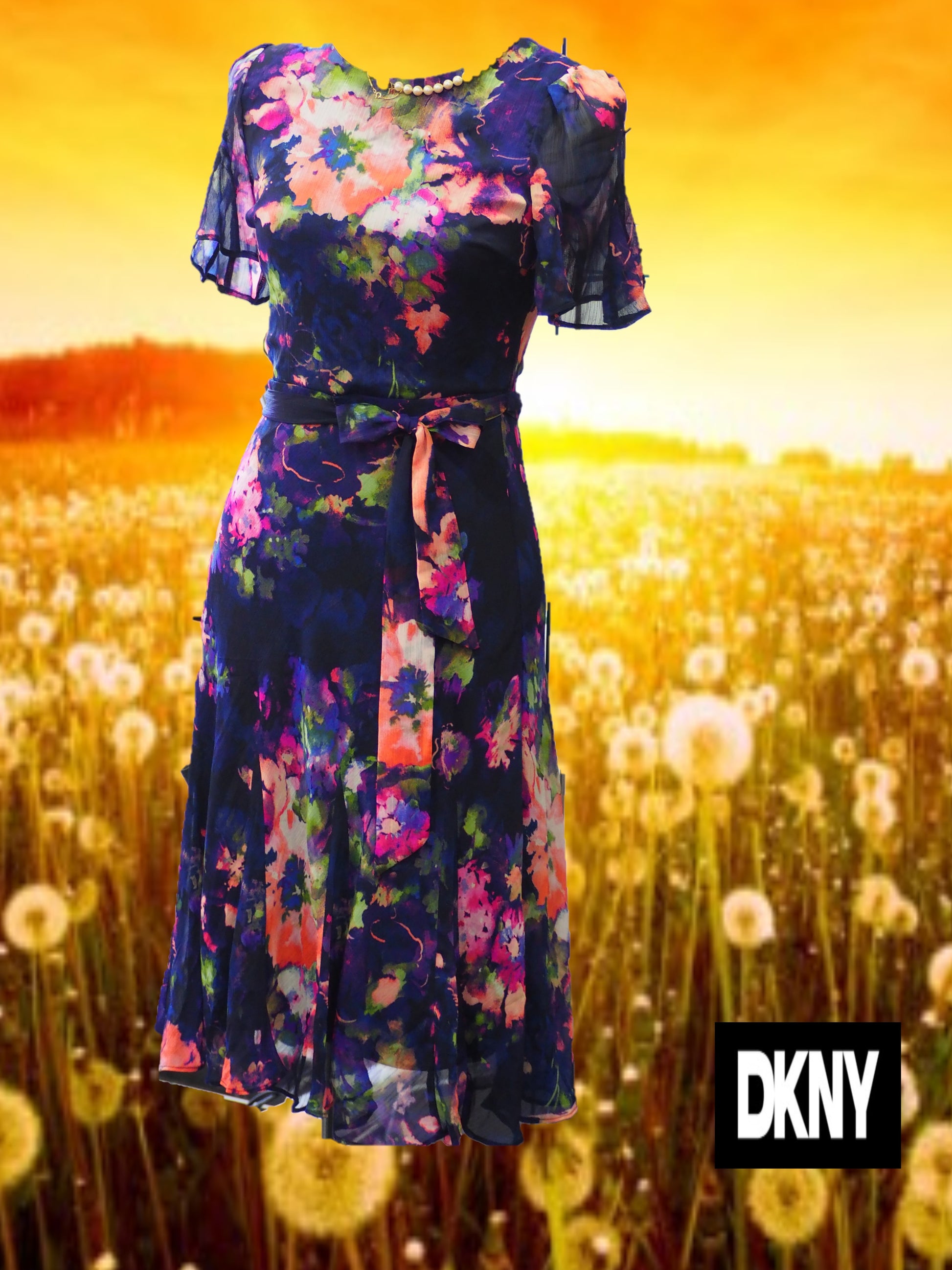 VESTIDO AZUL MIDI MANGA CORTA CON FLORES DKNY