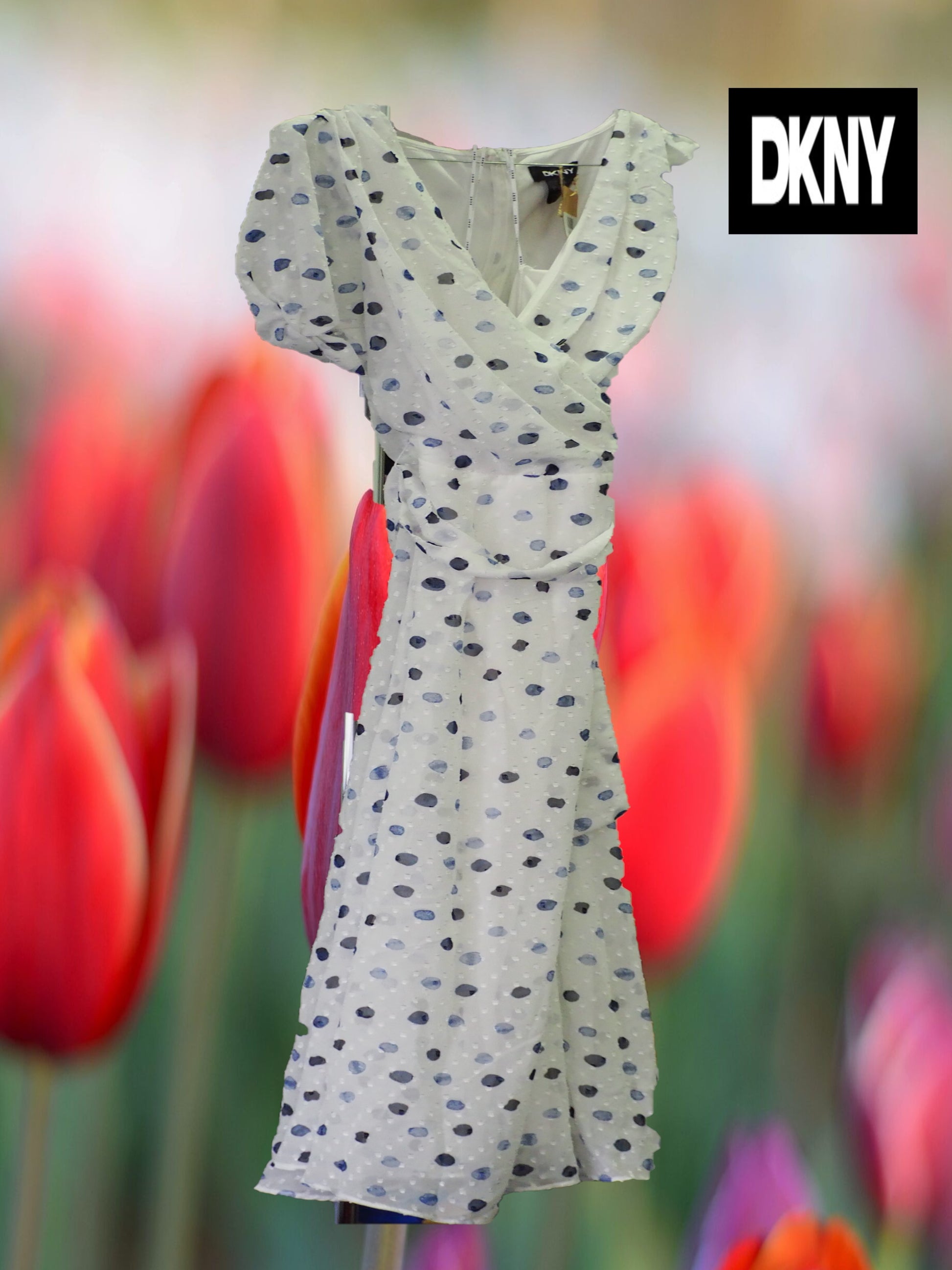 VESTIDO BLANCO GASA MIDI MANGA CORTA CON ESTAMPADO DKNY