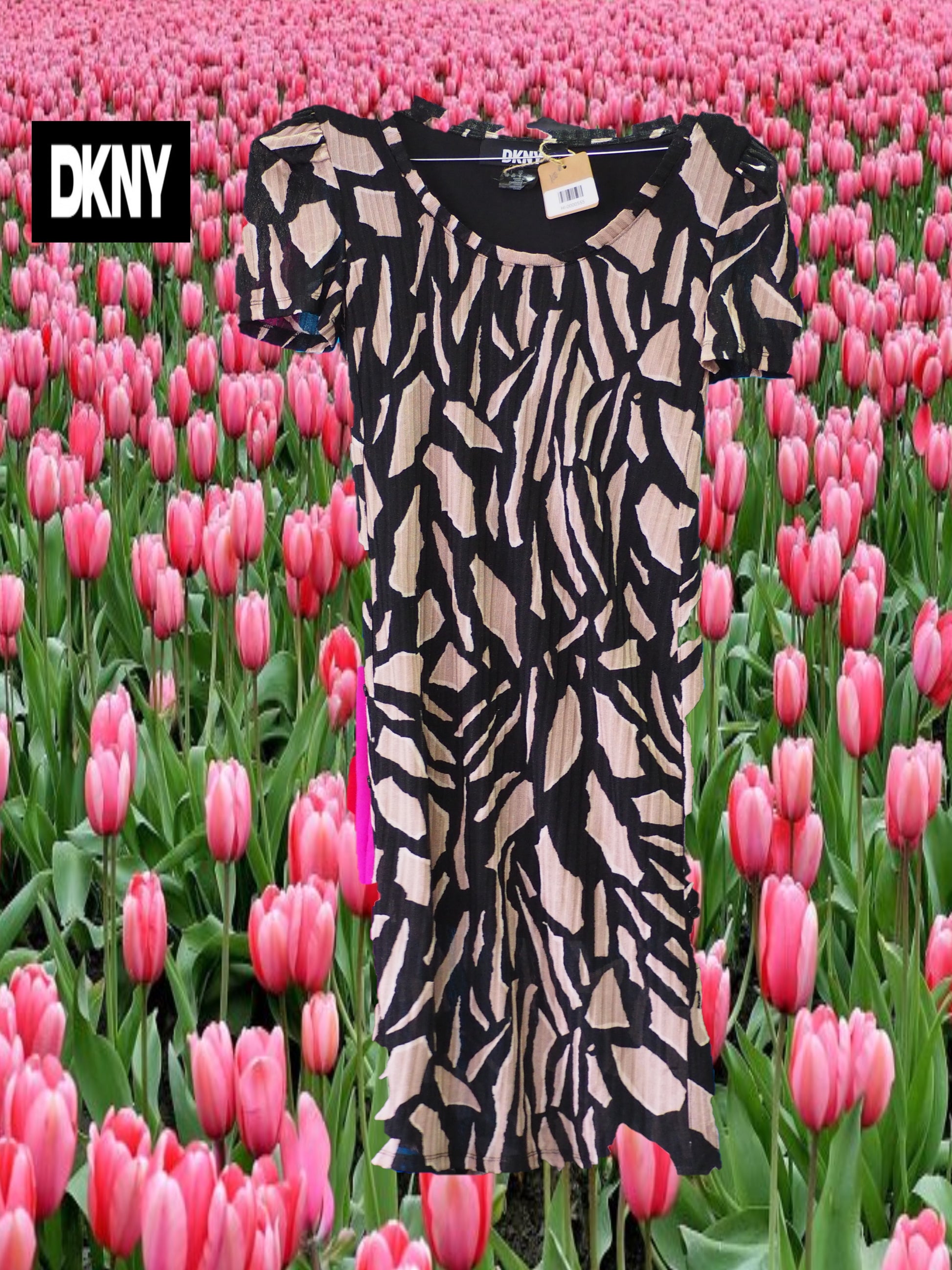 VESTIDO NEGRO MIDI NEGRO MANGA CORTA CON ESTAMPADO DKNY