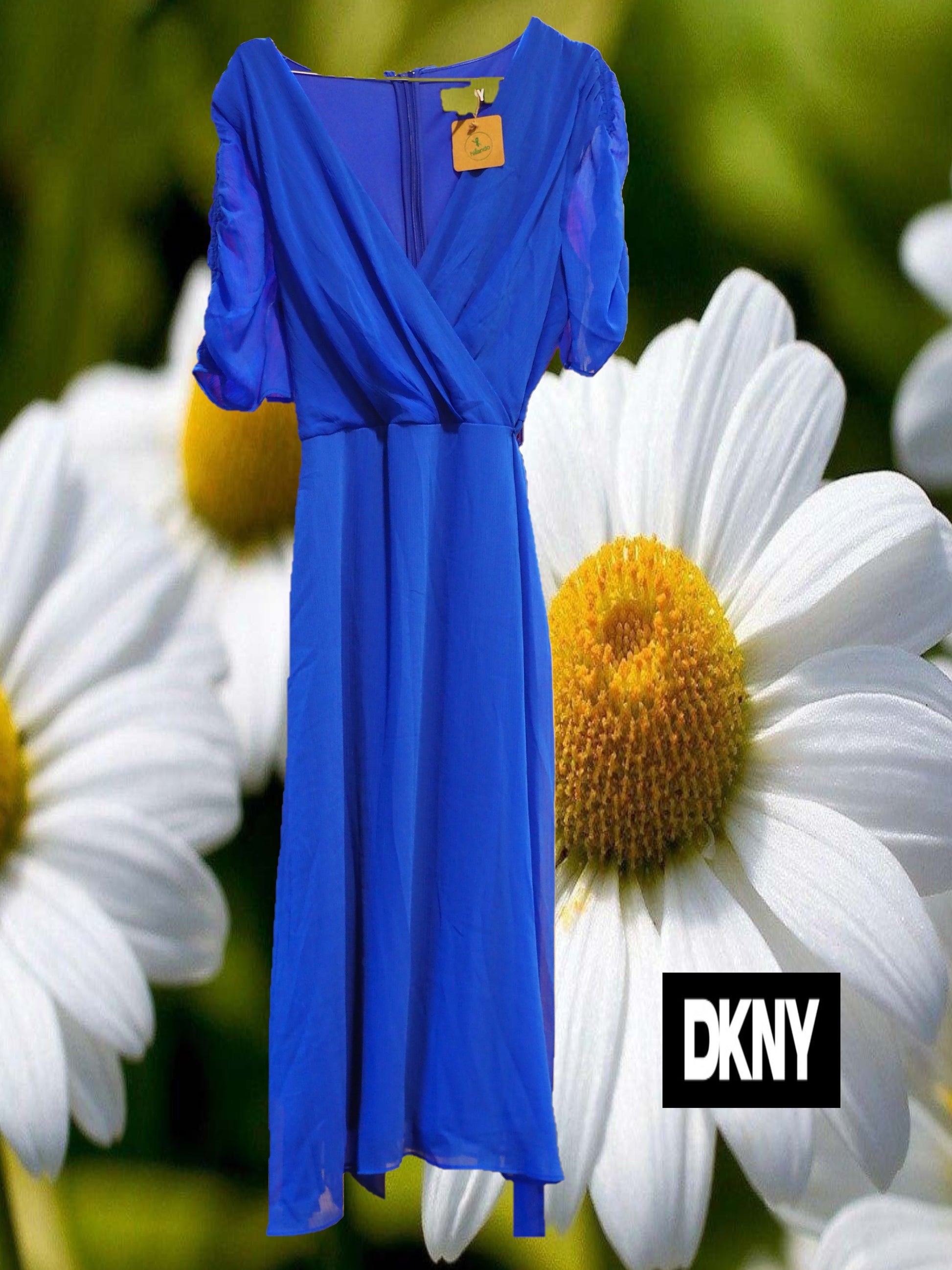 VESTIDO AZUL MIDI DE GASA MANGA CORTA  DKNY&nbsp;