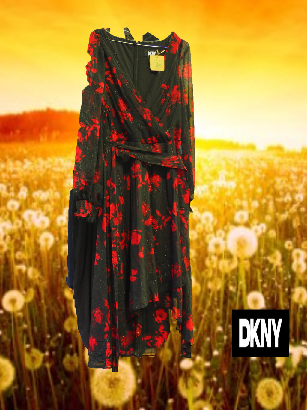 VESTIDO MIDI NEGRO Y ROJO MANGA LARGA DKNY
