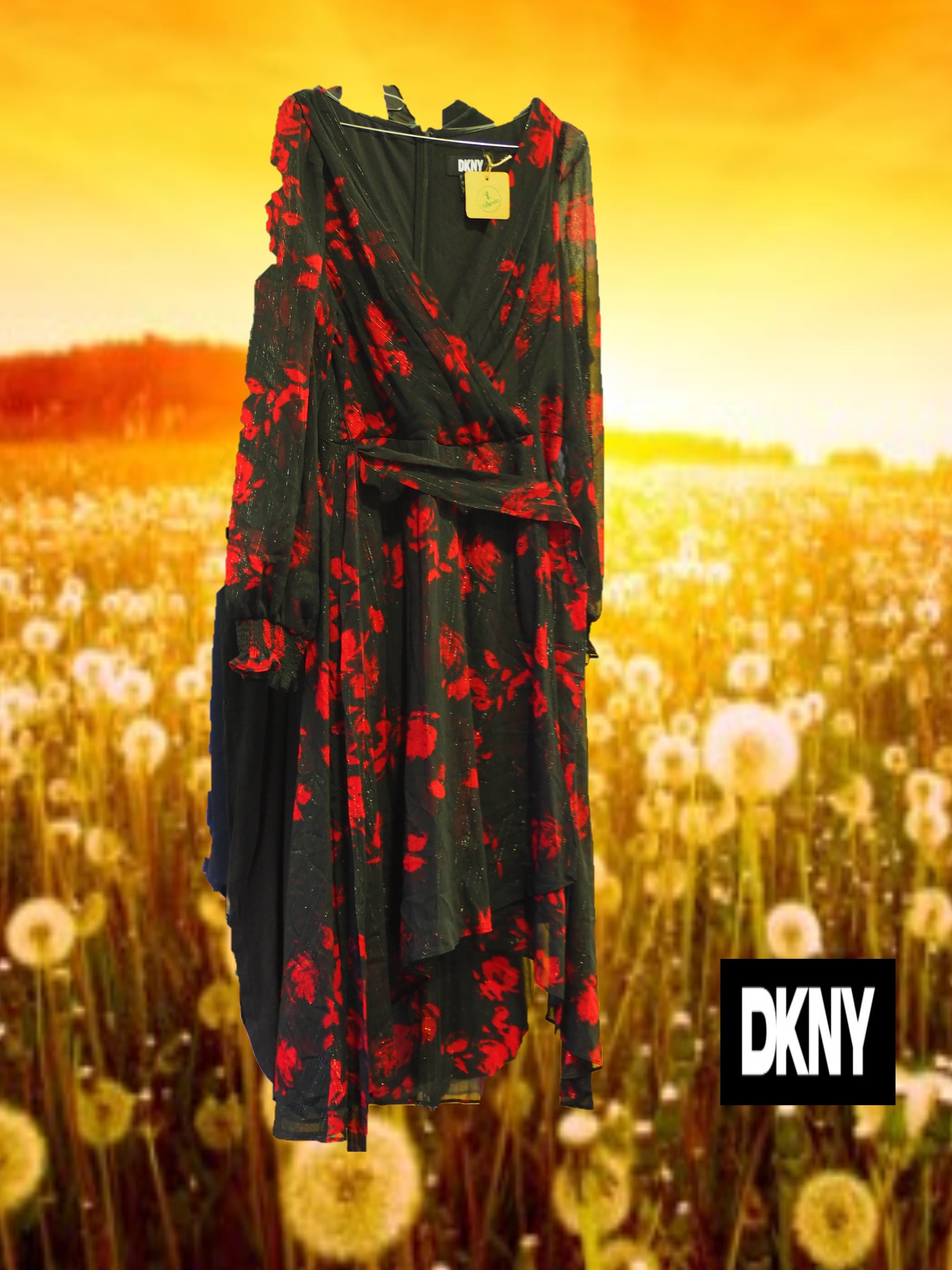 VESTIDO MIDI NEGRO Y ROJO MANGA LARGA DKNY