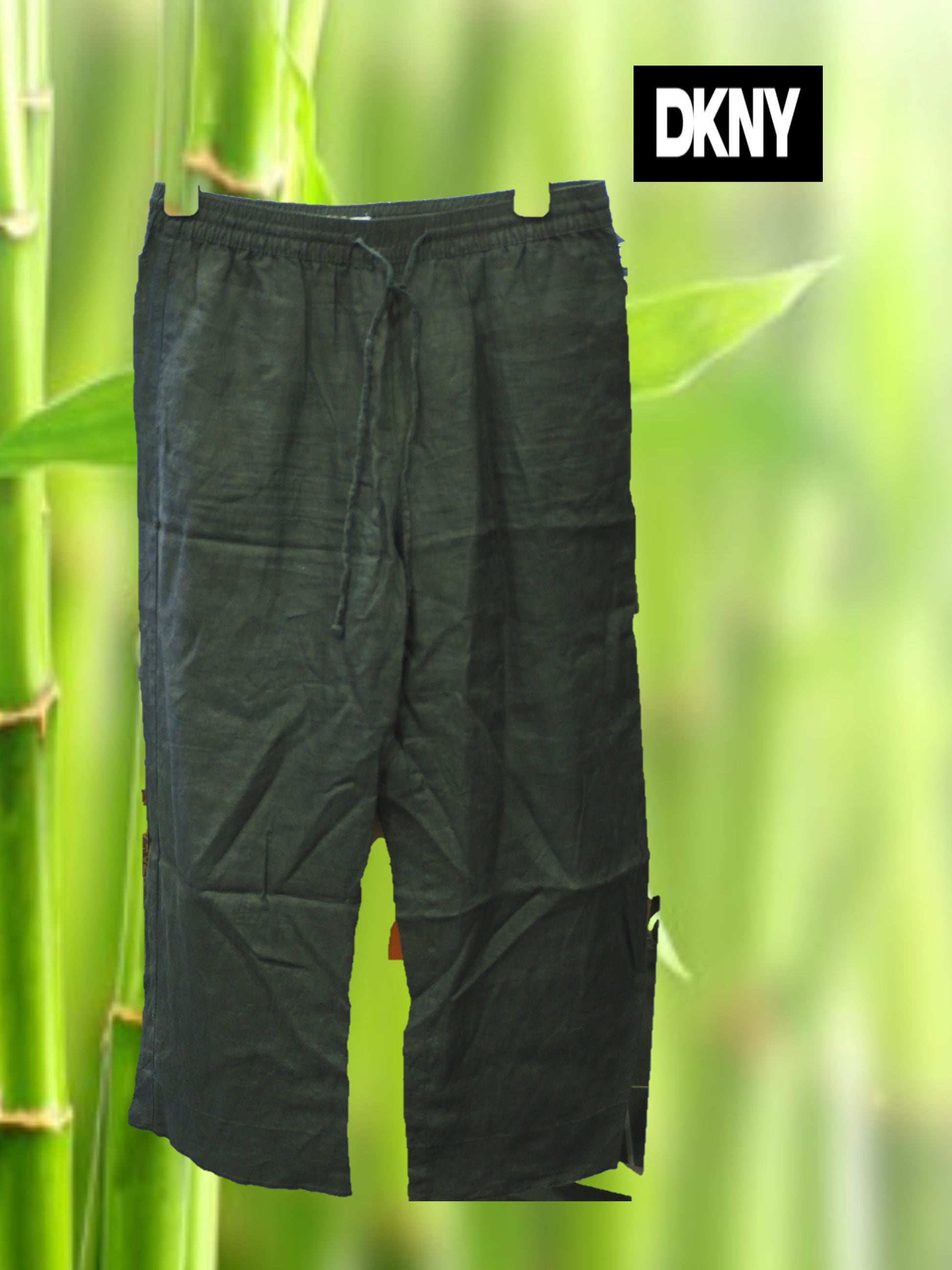 PANTALÓN LINO NEGRO ANCHO LARGO DKNY ( TARA DESGASTADA EN LAS INGLÉS )