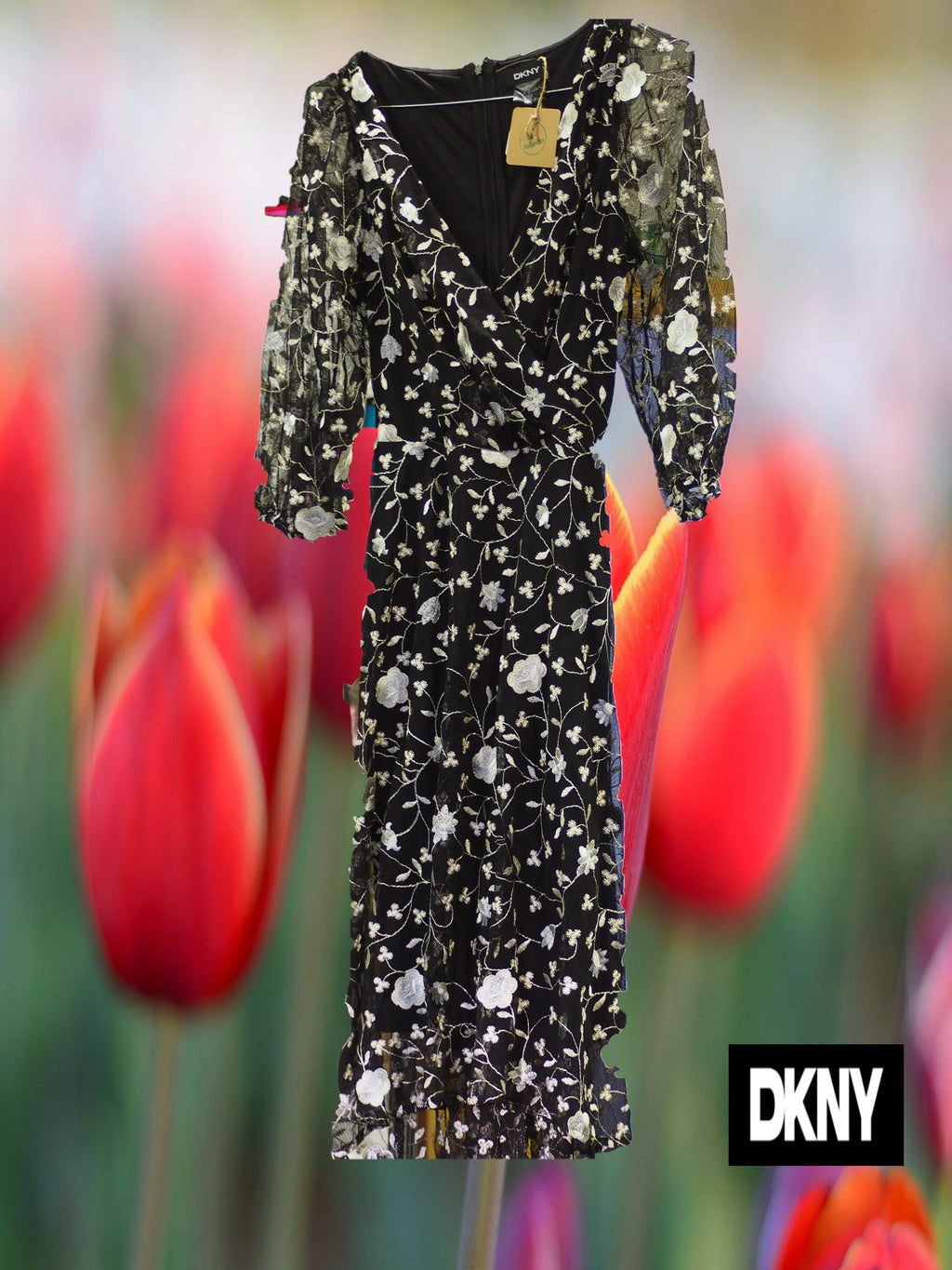 VESTIDO LARGO MIDI NEGRO LARGA FRANCESA CON ESTAMPADO DKNY