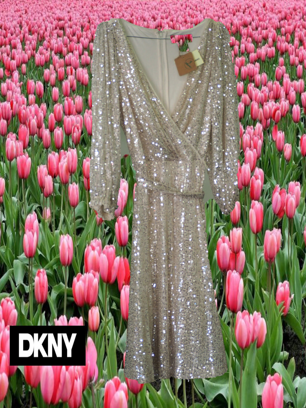 VESTIDO MIDI BEIGE CON LENTEJUELAS MANGA FRANCESA ( TARA ENGANCHADO AMBOS HOMBROS )DKNY