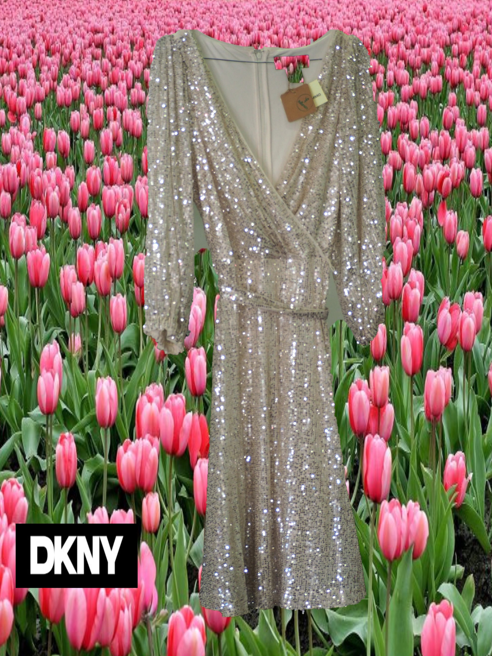 VESTIDO MIDI BEIGE CON LENTEJUELAS MANGA FRANCESA ( TARA ENGANCHADO AMBOS HOMBROS )DKNY