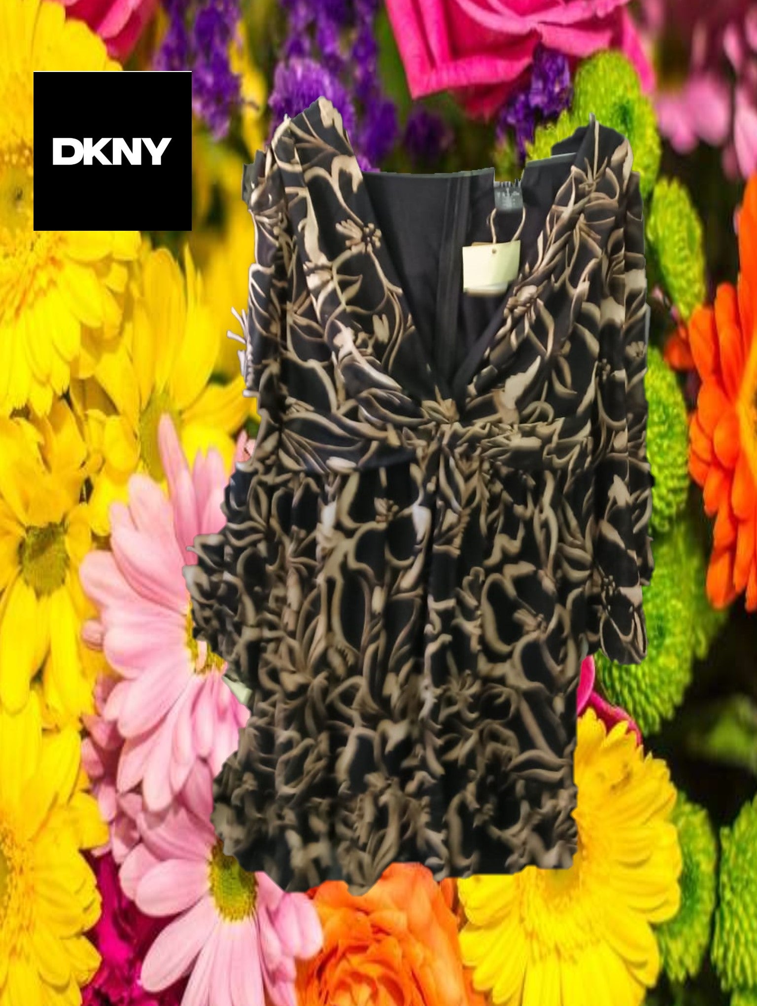 VESTIDO NEGRO MIDI CON ESTAMPADO Y MANGA LARGA ( TARA PEQUEÑA ROTURA EN PUÑO DERECHO ) DKNY