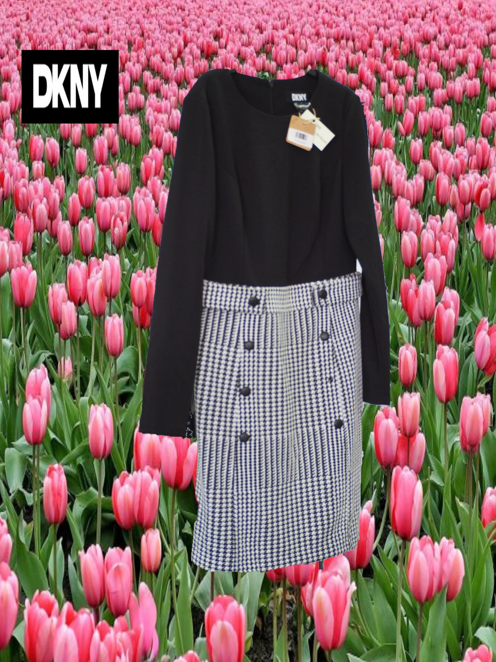 VESTIDO MIDI MANGA LARGA CON CUERPO NEGRO Y FALDA ESTAMPADA ( TARA FALTA BOTON ) DKNY