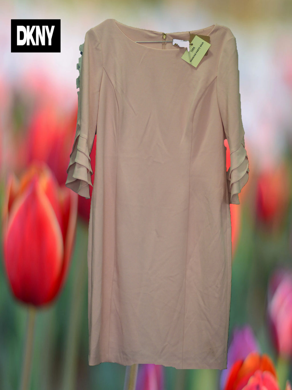 VESTIDO MIDI ROSA CON MANGA FRANCESA ( TARA MANCHA EN PARTE BAJA ) DKNY