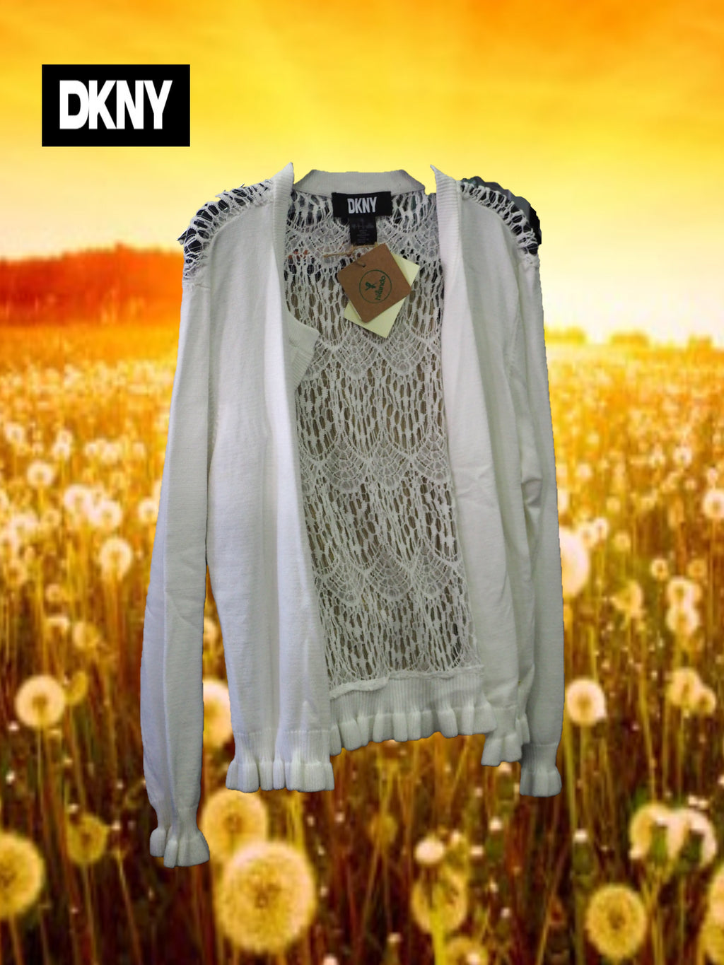 CHAQUETA PUNTO BLANCA CON ENCAJE EN ESPALDA ( TARA ENGANCHADO ENCAJE EN HOMBRO DERECHO ) DKNY