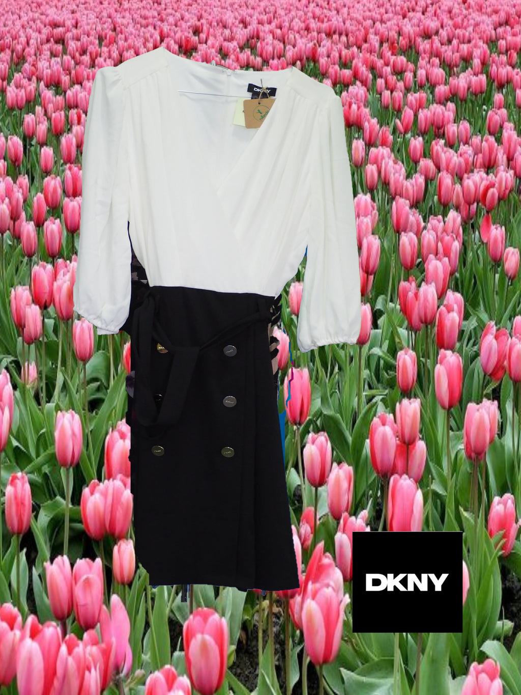 VESTIDO MIDI GASA BLANCO CON FALDA NEGRA Y BOTONES DORADOS MANGA LARGA ( TARA MANCHA EN LA ZONA DEL PECHO ) DKNY