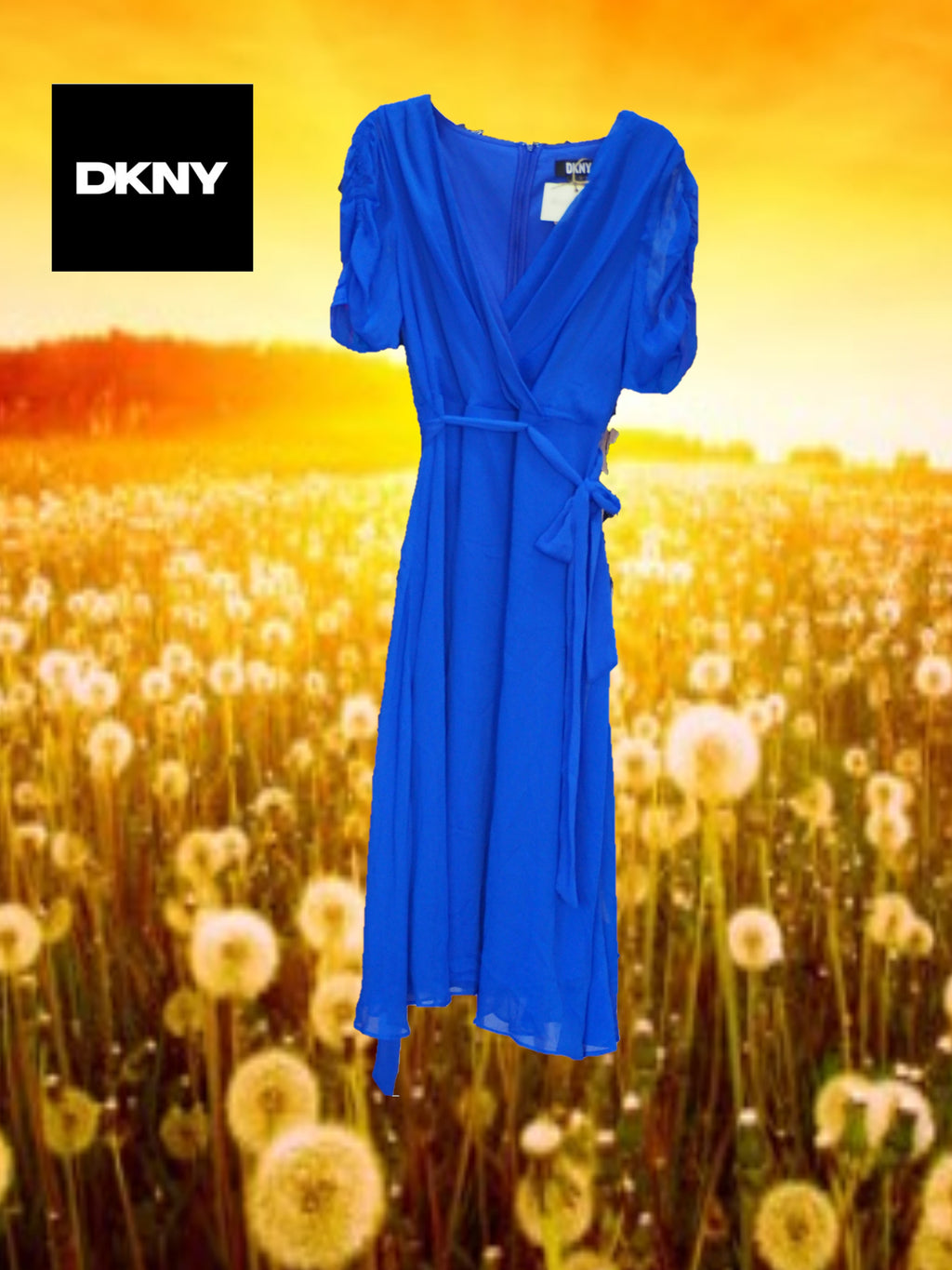 VESTIDO GASA AZUL MANGA CORTA MIDI ( TARA PEQUEÑO ENGANCHE EN ESPALDA ) DKNY
