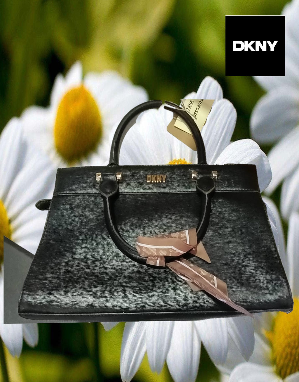 BOLSO NEGRO PIEL CON DETALLE PAÑUELO EN ASA ( TARA ASA DEFECTUOSA ) DKNY