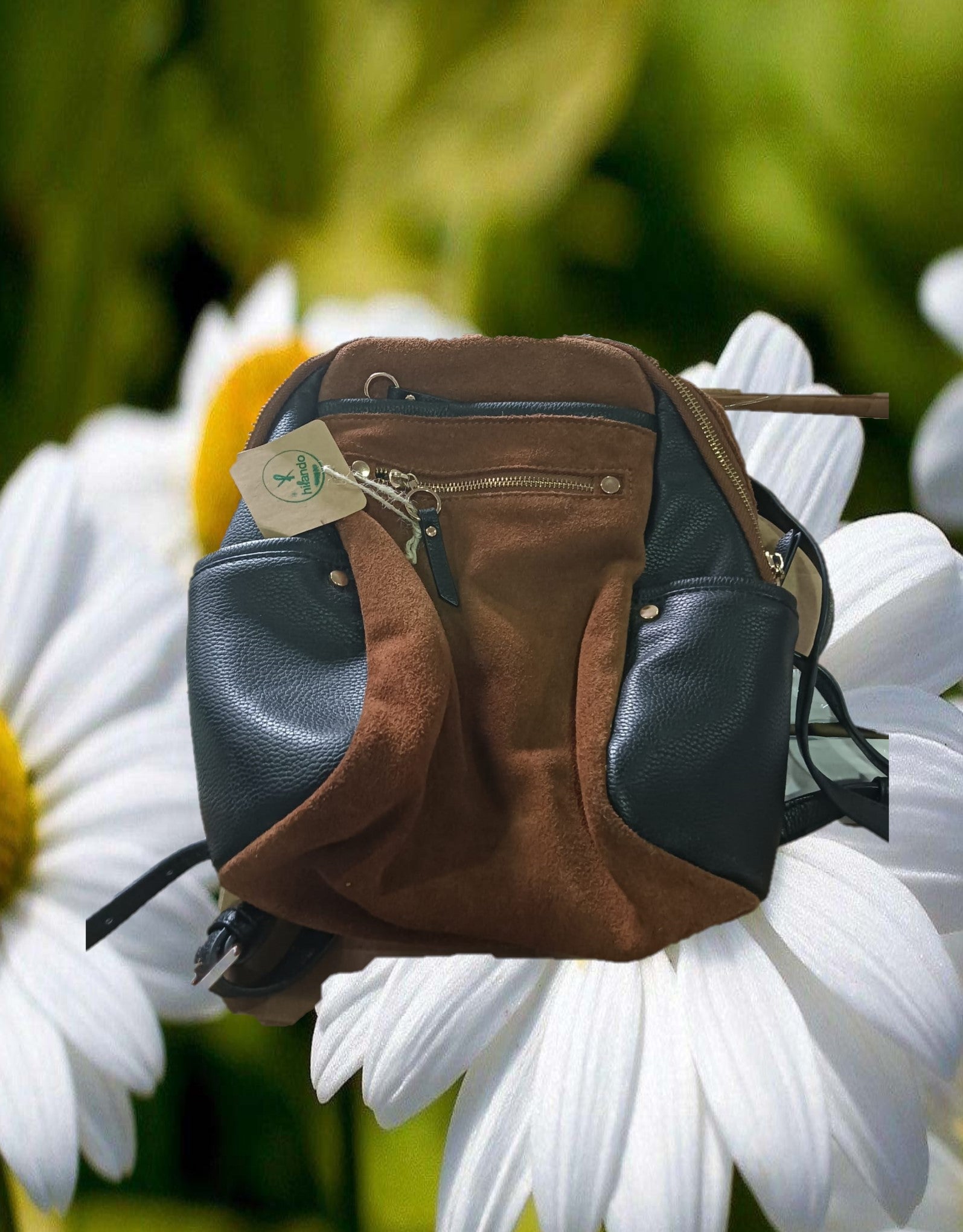 MOCHILA DE PIEL Y ANTE MARRON Y NEGRA