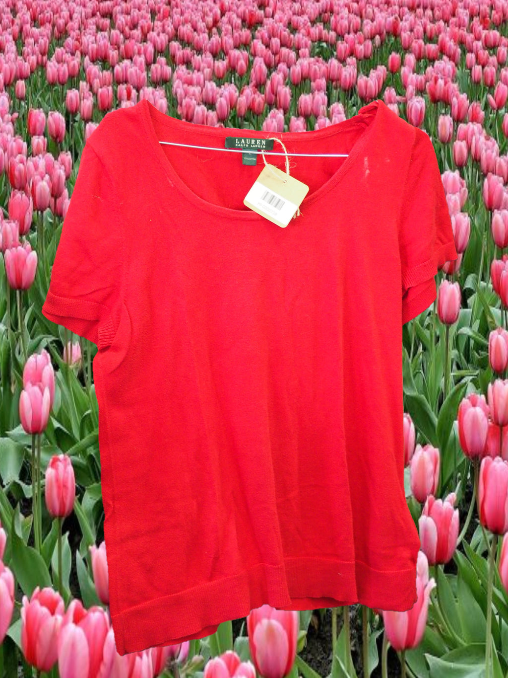 CAMISETA MUJER ROJA MANGA CORTA PUNTO ( MANCHA EN CUELLO )