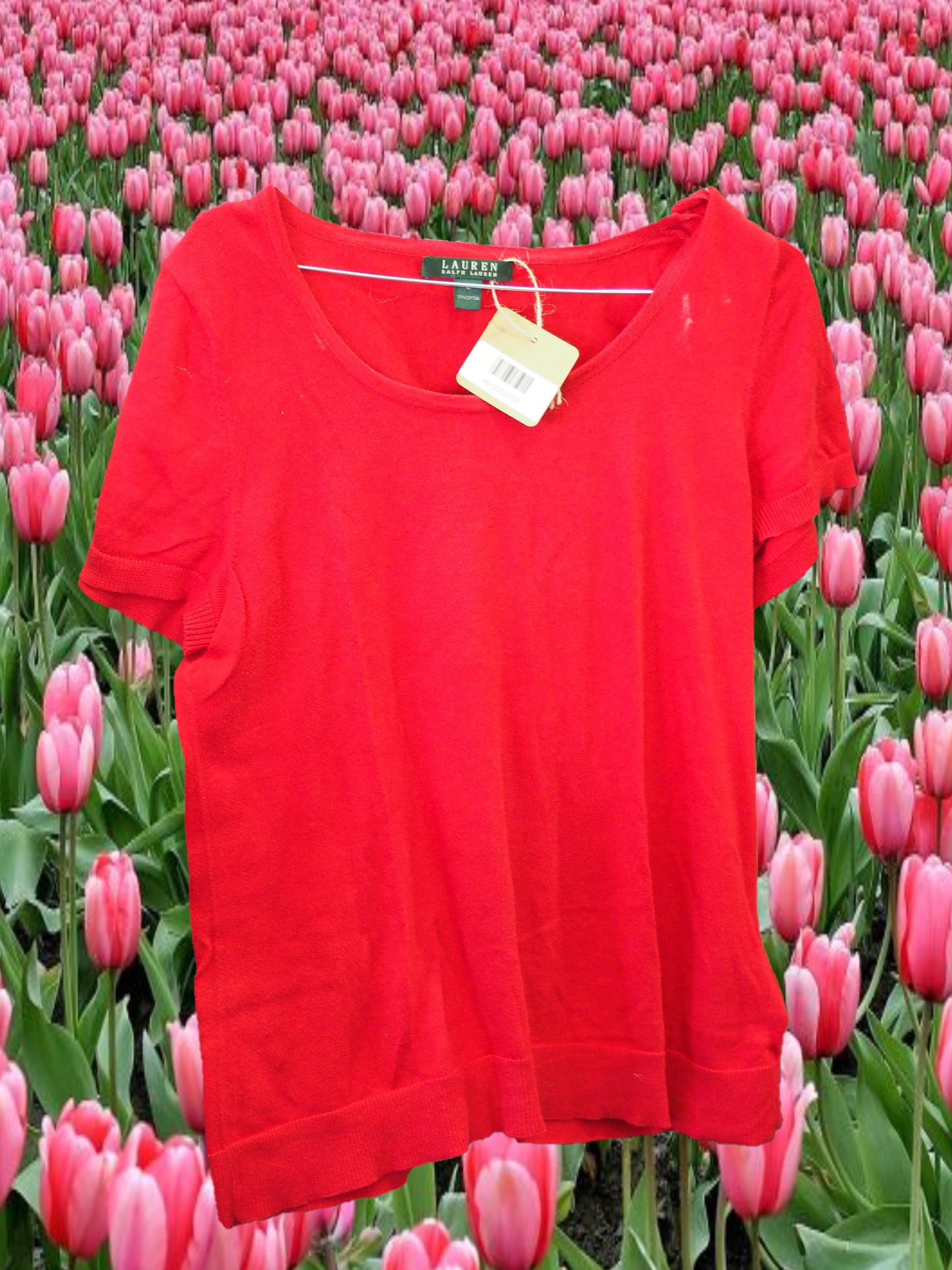 CAMISETA MUJER ROJA MANGA CORTA PUNTO ( MANCHA EN CUELLO )