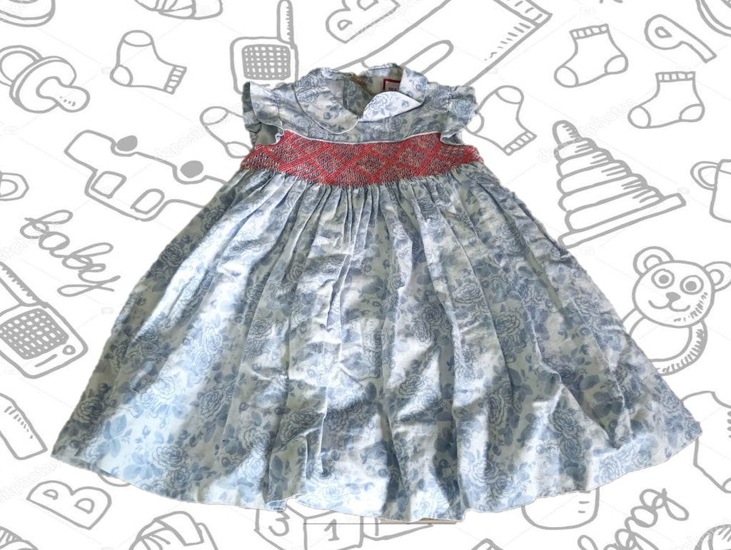 VESTIDO NIÑA AZUL CON ESTAMPADO Y NIDO DE ABEJA