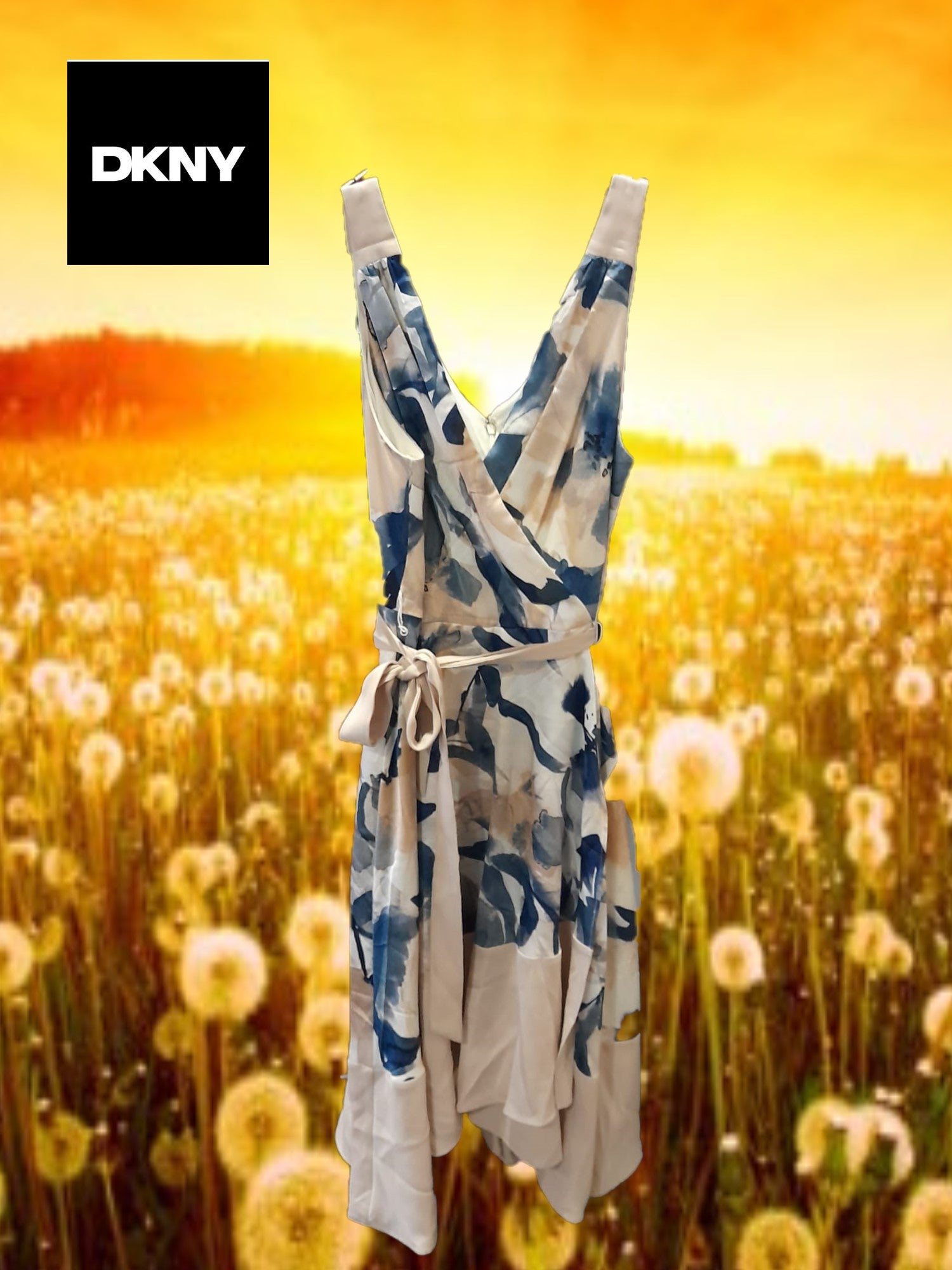 VESTIDO LARGO BEIGE SIN MANGAS CON ESTAMPADO AZUL DKNY
