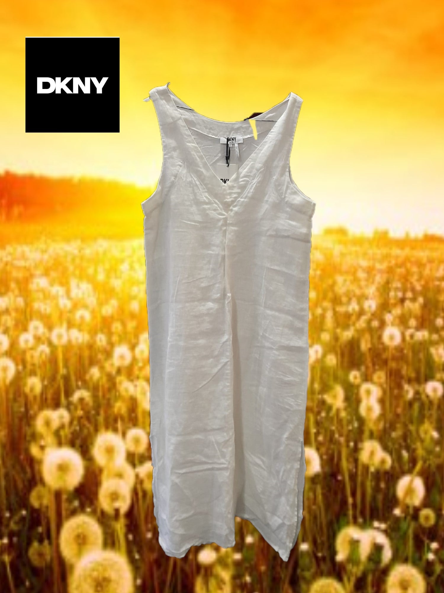 VESTIDO BLANCO LARGO SIN MANGAS EN LINO DNKY