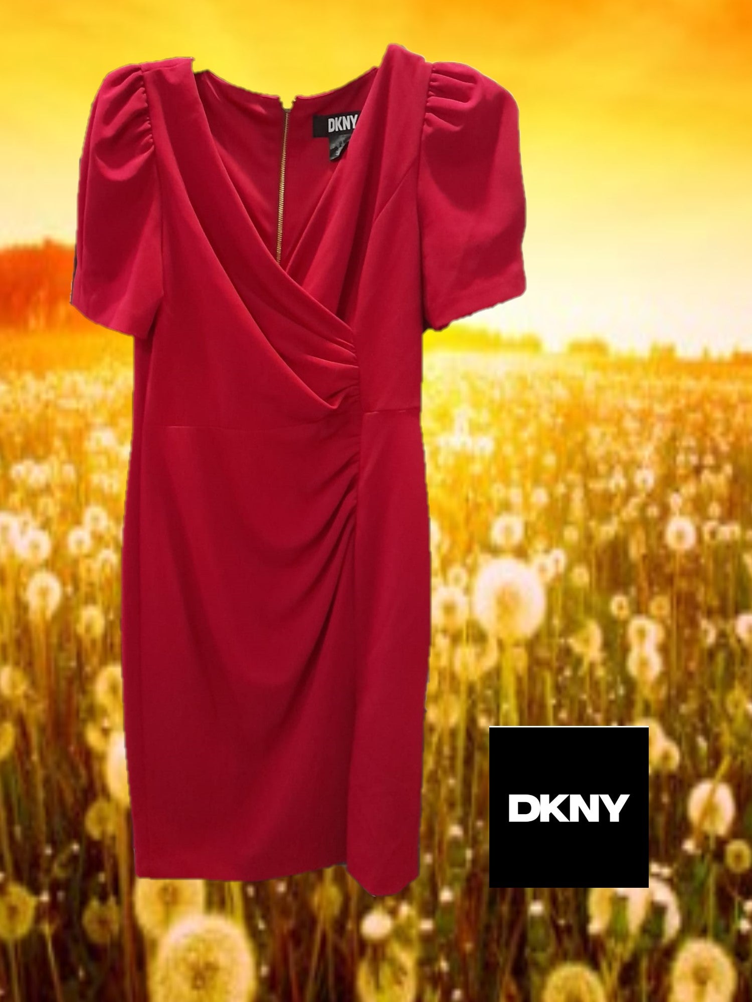 VESTIDO ROJO MIDI CON MANGA FRANCESA ABULLONADA DKNY