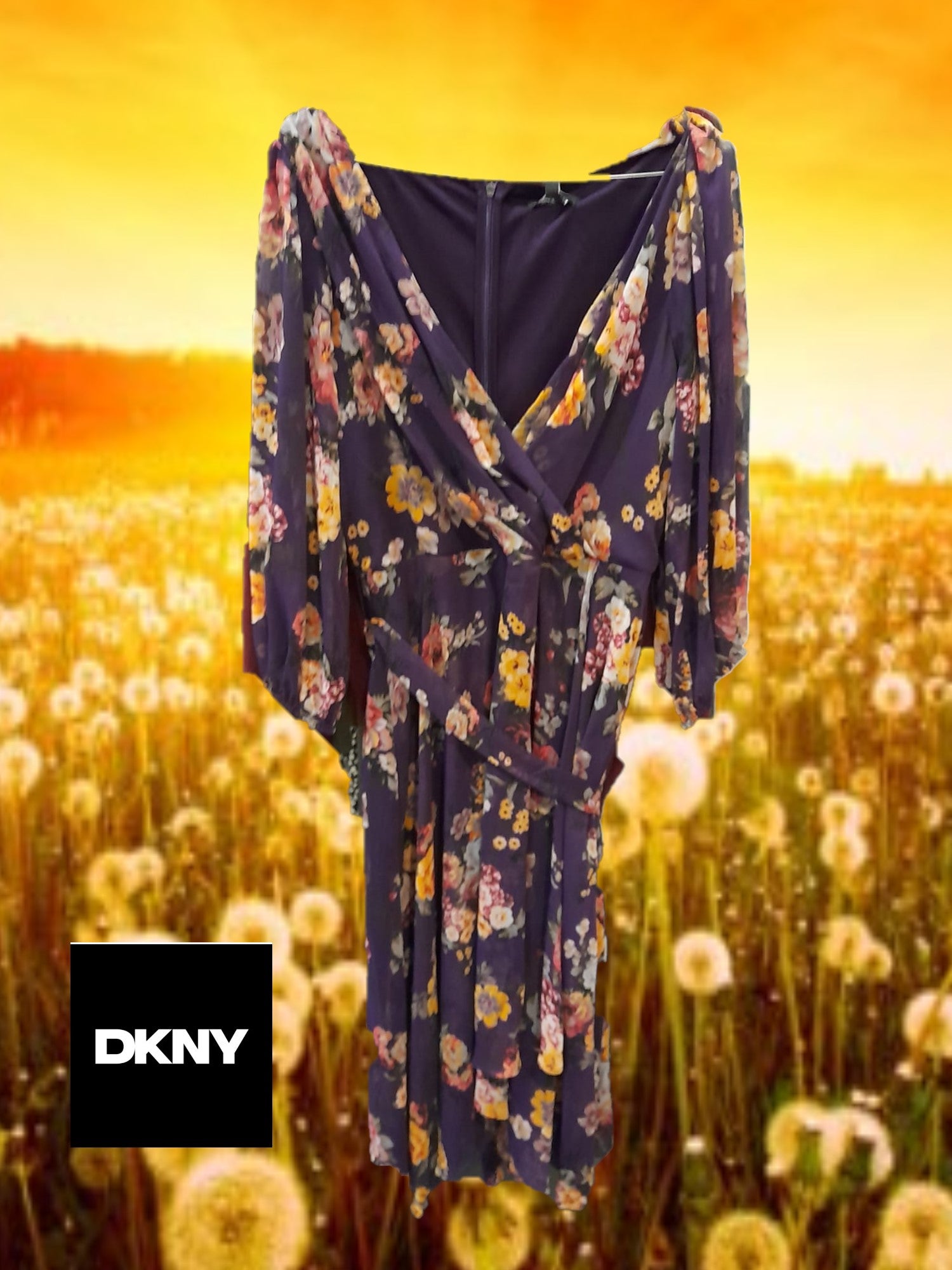 VESTIDO MORADO LARGO DE GASA CON ESTAMPADO FLORAL Y MANGA LARGA DKNY
