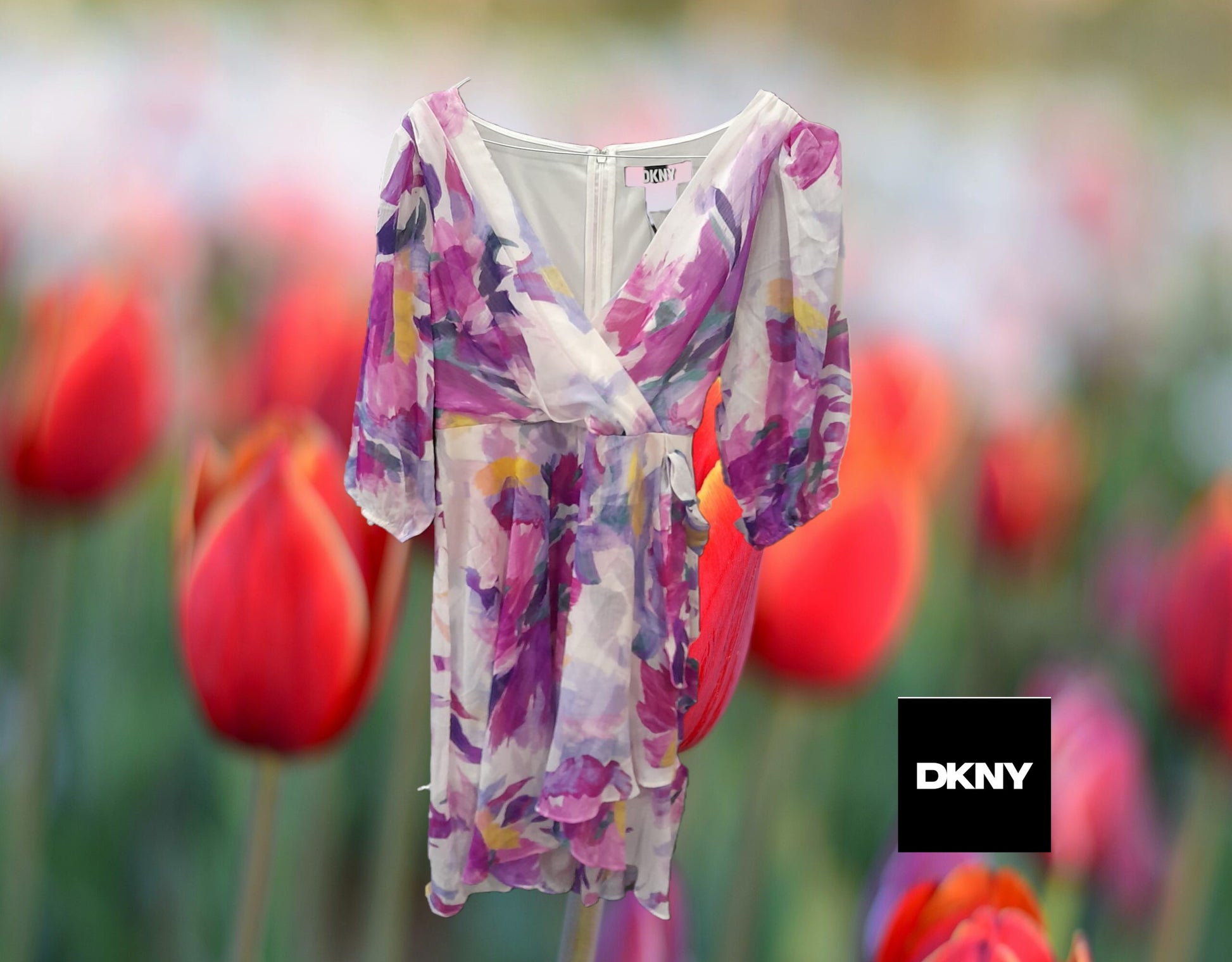 VESTIDO BLANCO LARGO DE GASA CON ESTAMPADO FLORAL Y MANGA LARFA DKNY