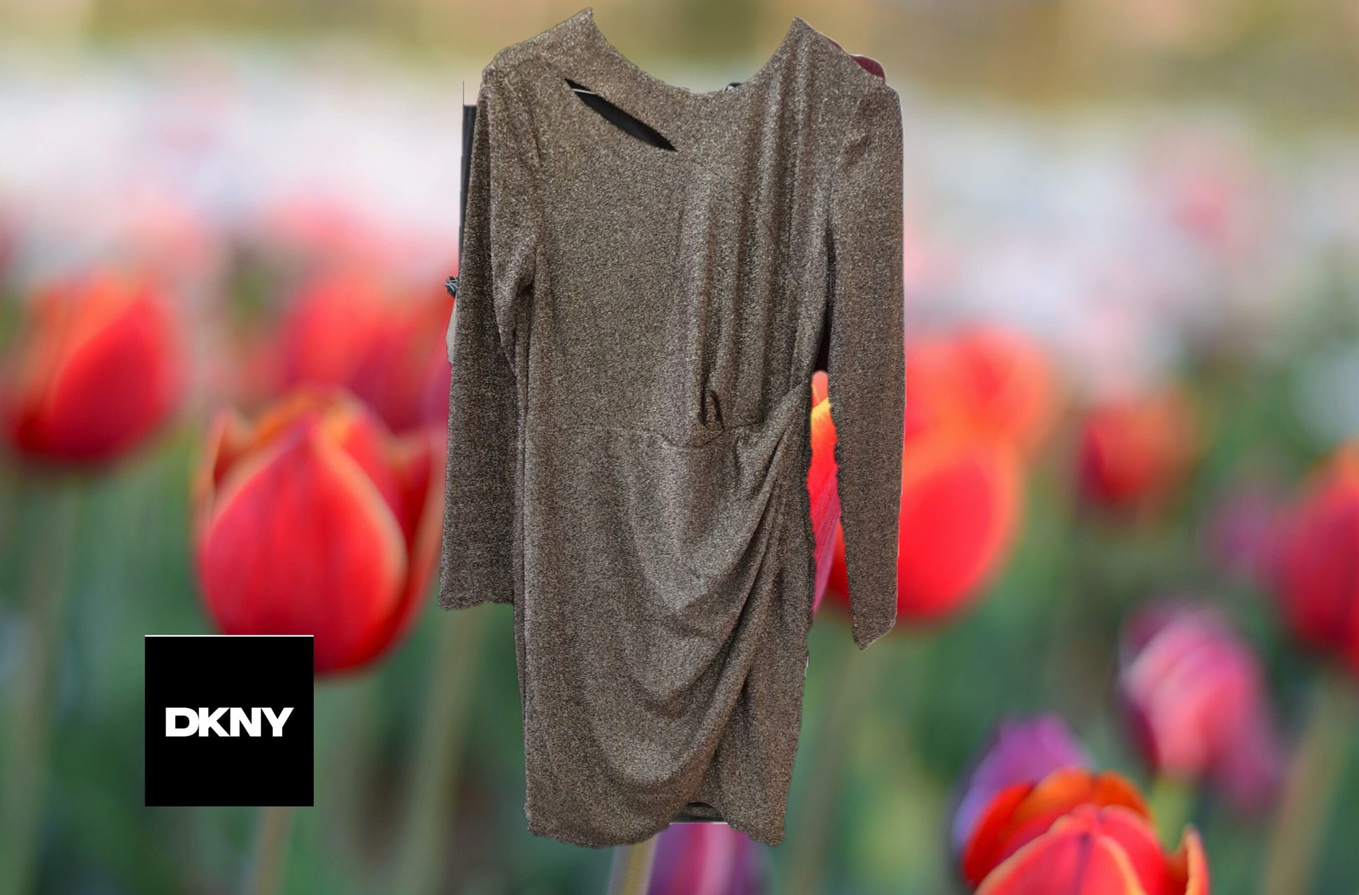 VESTIDO DORADO MANGA LARGA MIDI DKNY