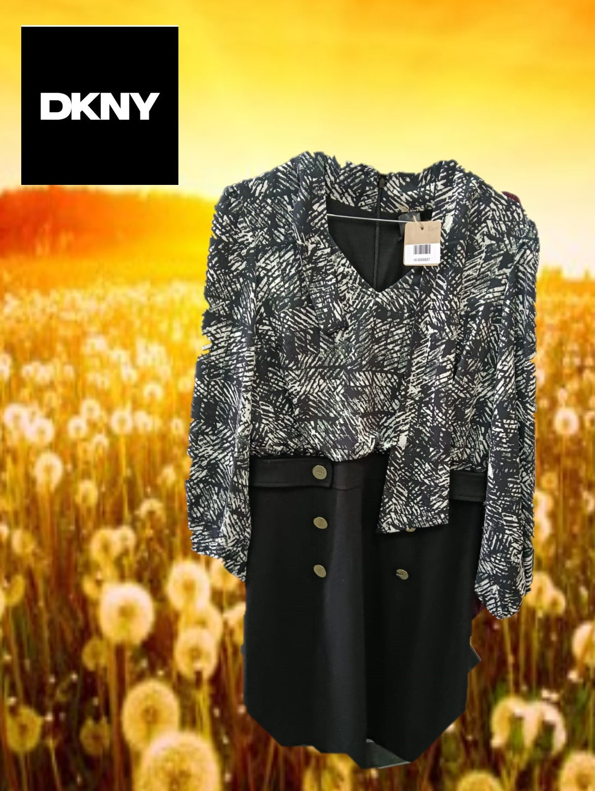 VESTIDO BLANCO Y NEGRO CON ESTAMPADO Y BOTONES DORADOS MIDI DKNY